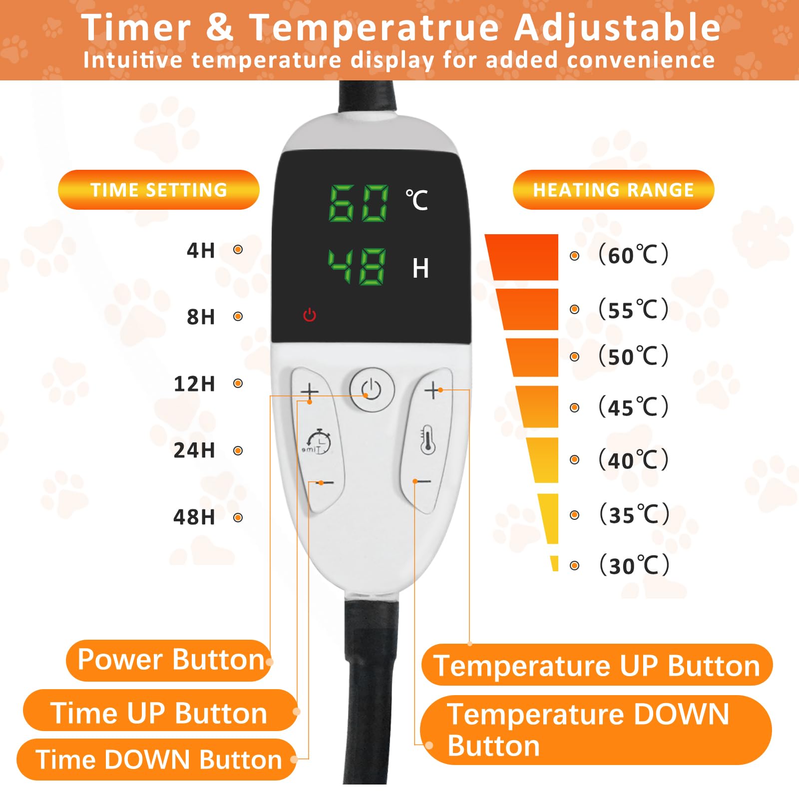 Dog Heat Pad Electric 40 * 70cm, 5 Adjustable Timer & 6 Adjustable Temperature, Pet Heating Mat Waterproof - Image 3