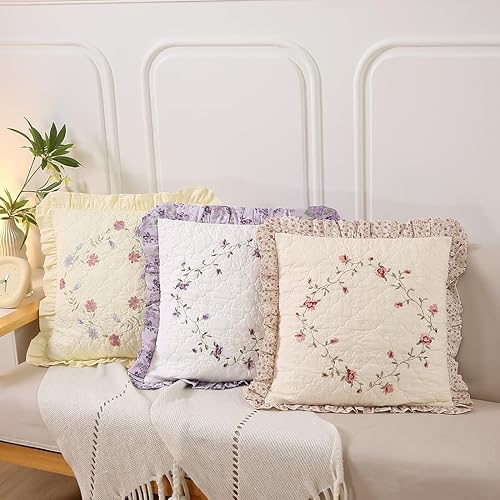 Miniatura 3 de vctops Juego de 2 fundas de almohada cuadradas decorativas de algodón con volantes y diseño floral suave para sofá, cama (flor B, 18 x 18 pulgadas)
