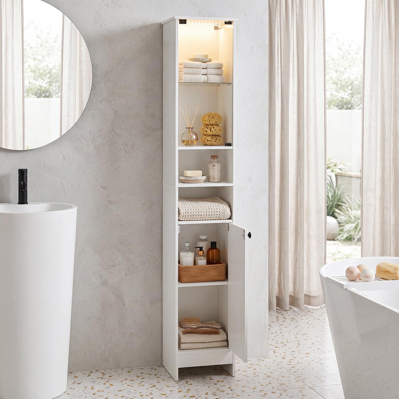 COSTWAY Mobile Alto da Bagno, Mobiletto a Colonna Stretto con Luci LED e Telecomando, Ante in Vetro e Mensole Regolabili, Armadio Salvaspazio a Terra per Soggiorno, 30 x 30 x 170 cm (Bianco)