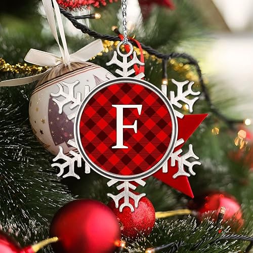 Miniatura 3 de LITTLEGROVE SEEDS Adornos de Navidad con monograma, letra F, adorno para decoración de árbol de Navidad, adornos de metal a cuadros rojos, regalos