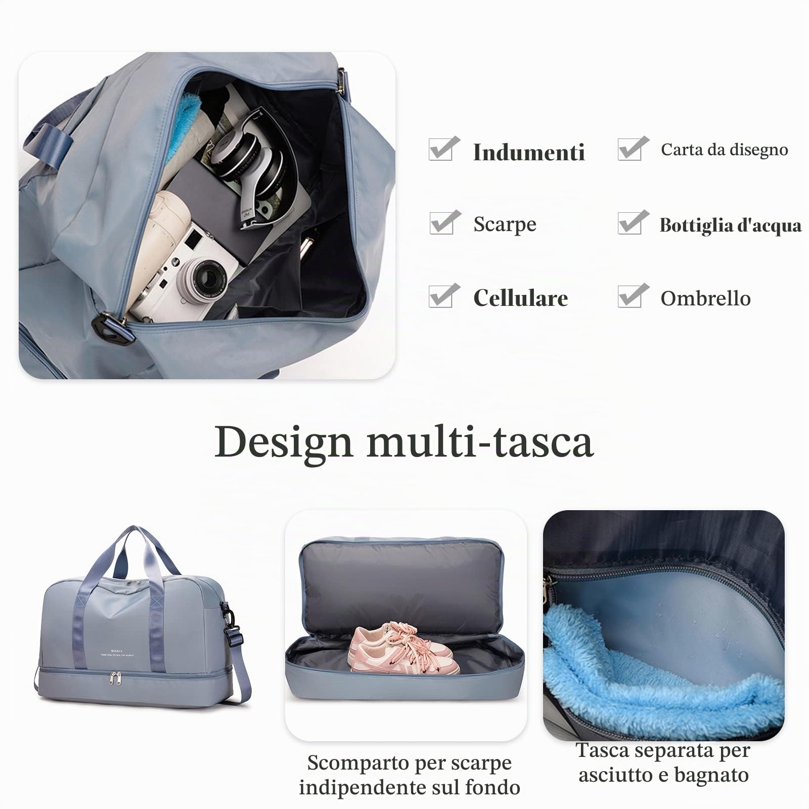 CORIOS Borsa Sportiva Donna/Uomo Borsone da Viaggio Grande Capacità Weekender Pernottamento Borsone Palestra con Scomparto Scarpe Bagaglio a Mano per Palestra Sport Viaggi Grigio