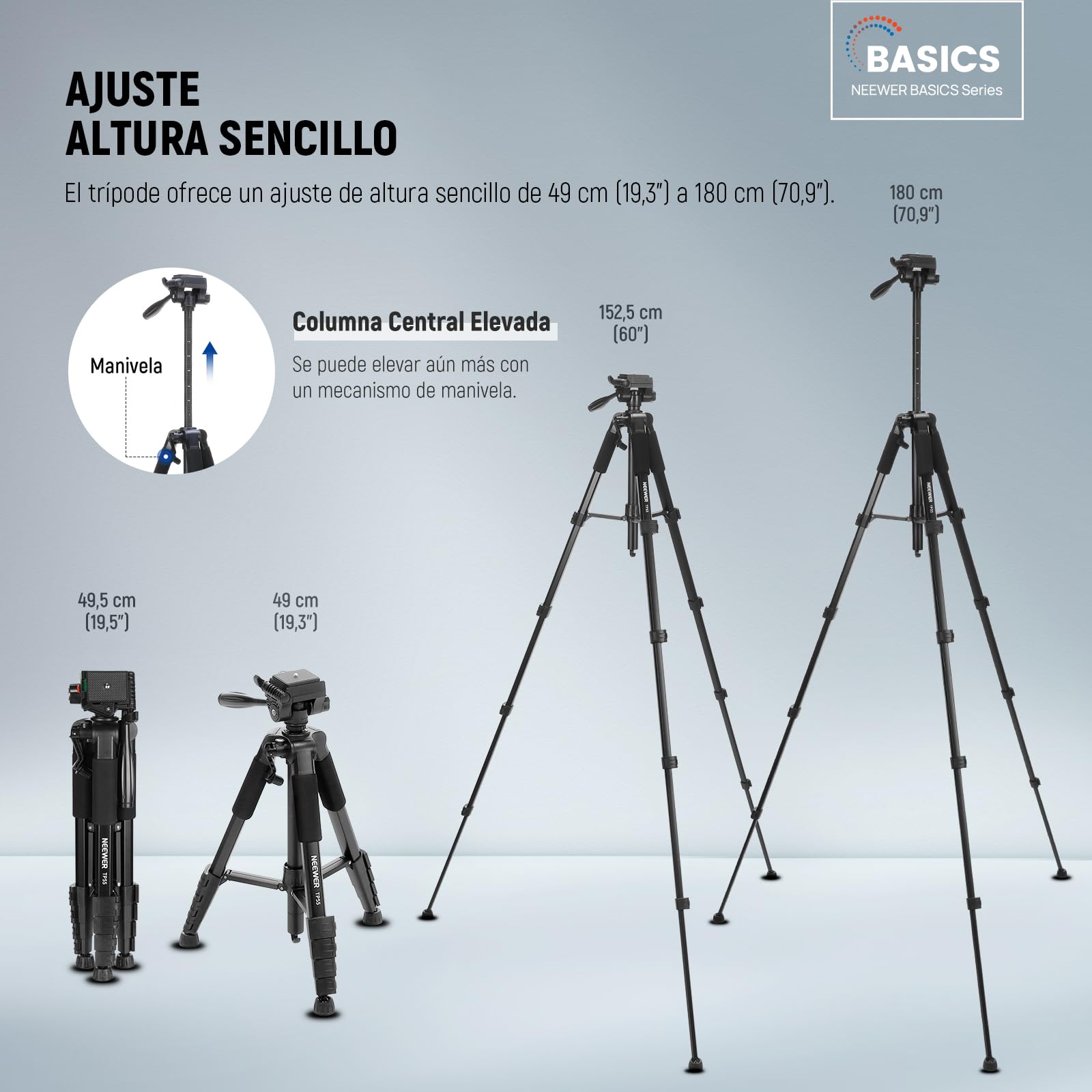 NEEWER BÁSICO Trípode Cámara, 71'' Trípode con Soporte Móvil Montaje Compatible con iPhone para Grabación Vídeo, Soporte Viaje Portátil Ligero Profesional Aluminio con 3 Way Pan Tilt Head, TP55