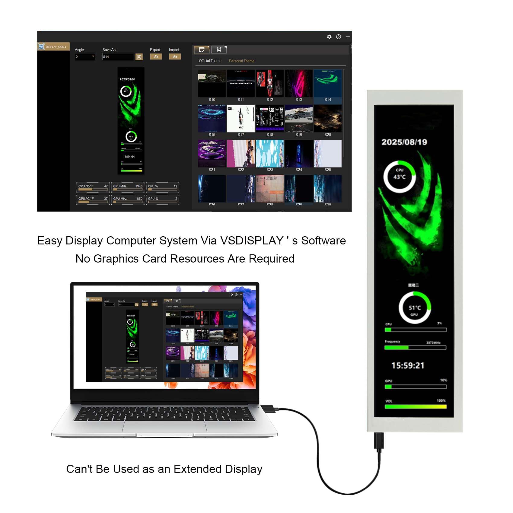 VSDISPLAY 8,8 Zoll USB-LCD-Monitor in Weiß für PC-Gehäuse | Auflösung 480 x 1920, Helligkeit 500 Nits, mit Designsoftware