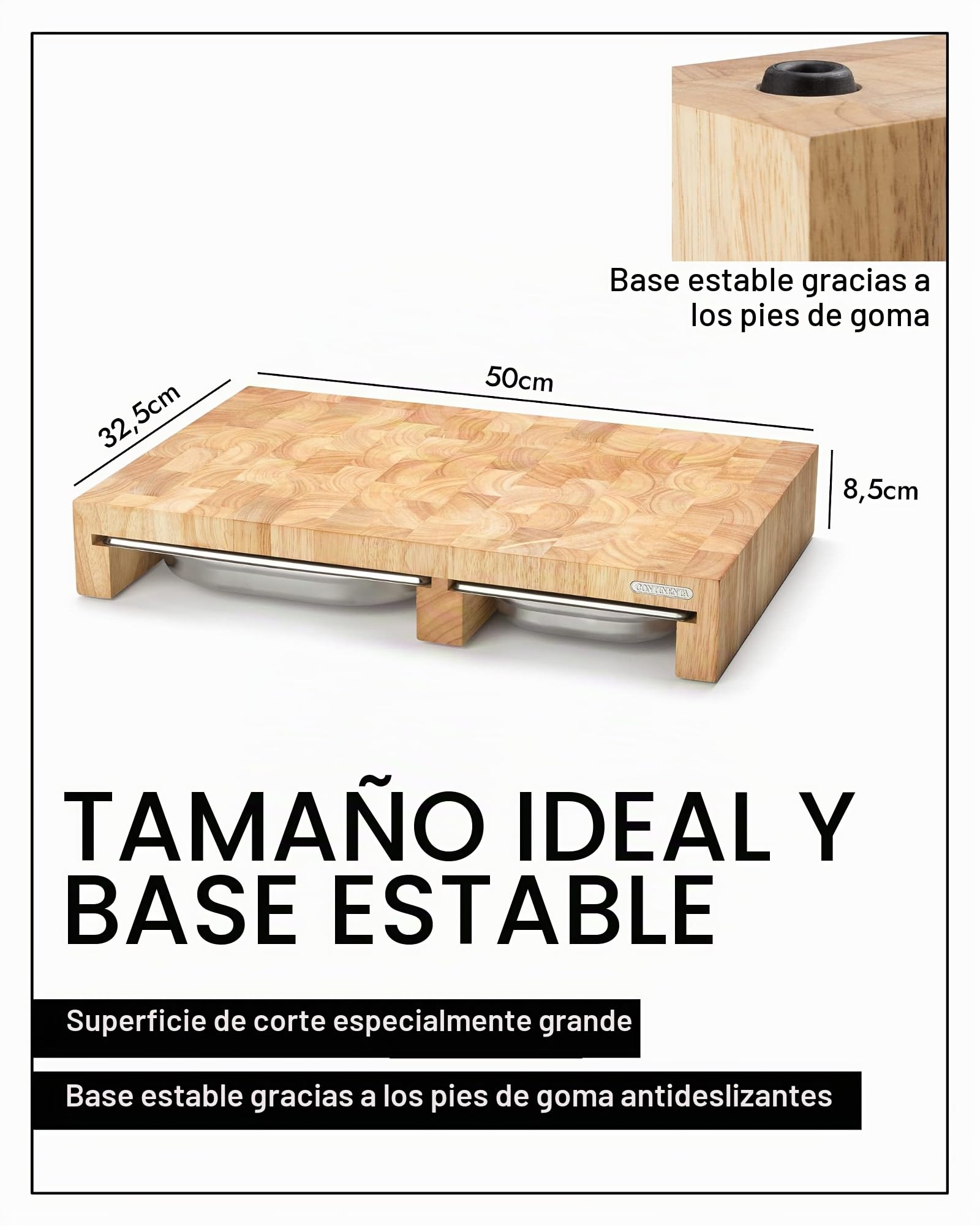 Continenta multifunción de Tabla para Cortar de Madera, con 3 cajones de Acero Inoxidable, 50 x 32,5 x 8 cm