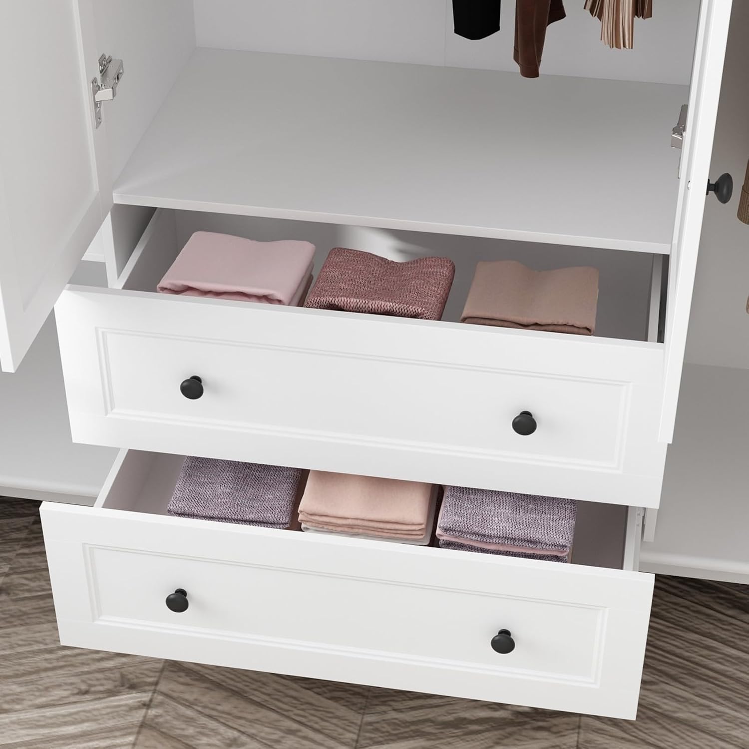 4-Door Wardrobe Closet with Doors and Shelves, Armoire Wardrobe Closet with Hanging Rod & Drawers, White 63”W x 18.9”D x 71.3”H