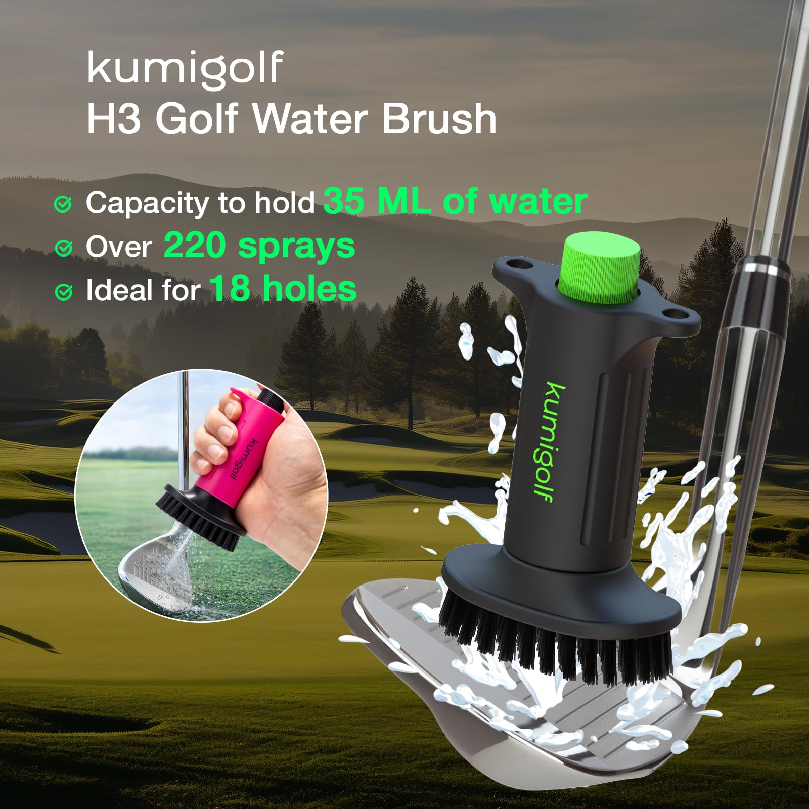 Cepillo de agua H3, función de pulverización y clips magnéticos, cepillo para palos de golf y limpiador de club de golf, cerdas de nailon de alta calidad y fuertes para superficies de palo,