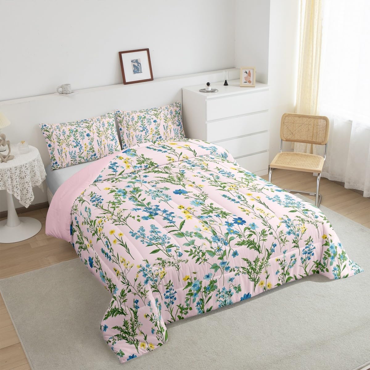 Erosebridal Spring Flower Queen Comforter Set, Beautiful Floral Bedding Set Stylish Botanical Leaves Quilt for Kids Girls Women Adult, Modern Minimalist Duvet Insert Rustic Farmhouse Decor, Pink