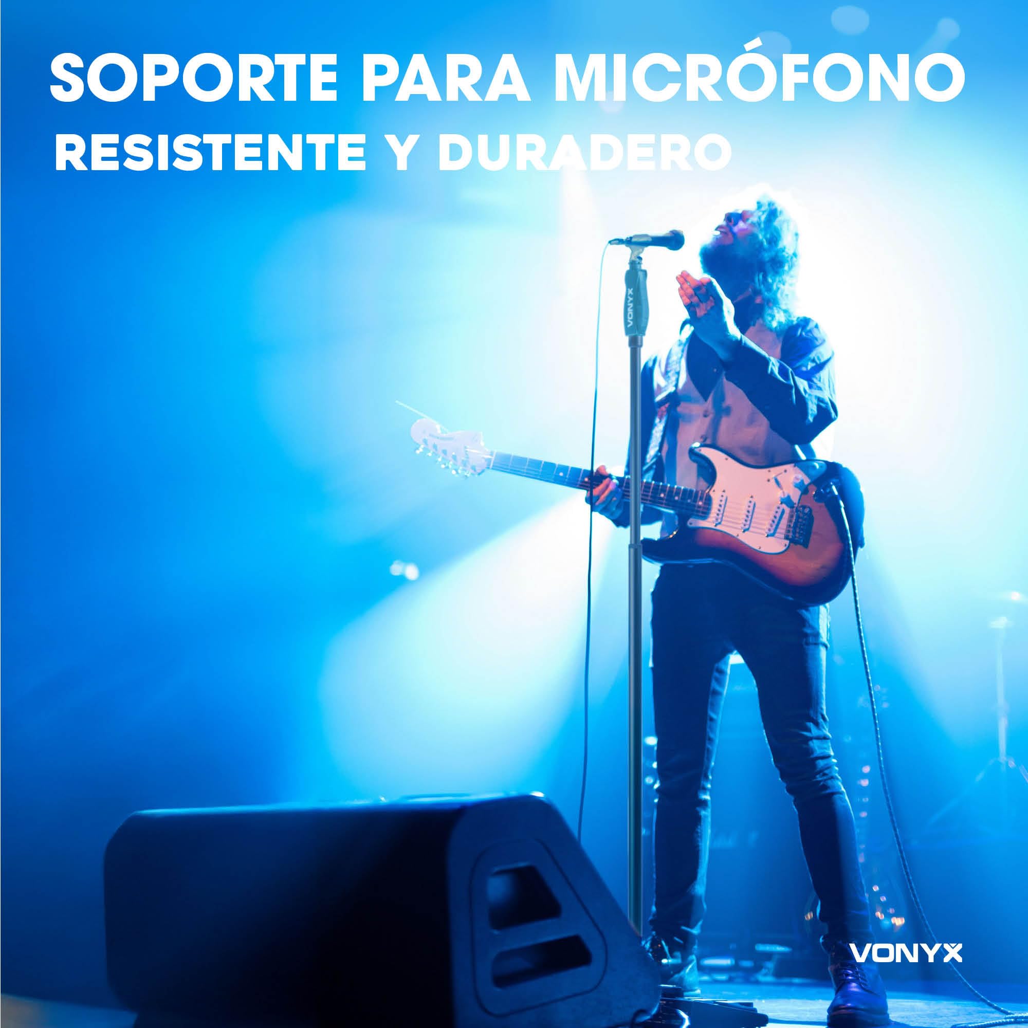 VONYX MS110 Pie de micrófono resistente con adaptadores de 3/8« y 5/8» para uso en estudio y en directo, ajuste de altura con una sola mano, tubo metálico negro y con base de peso estable.