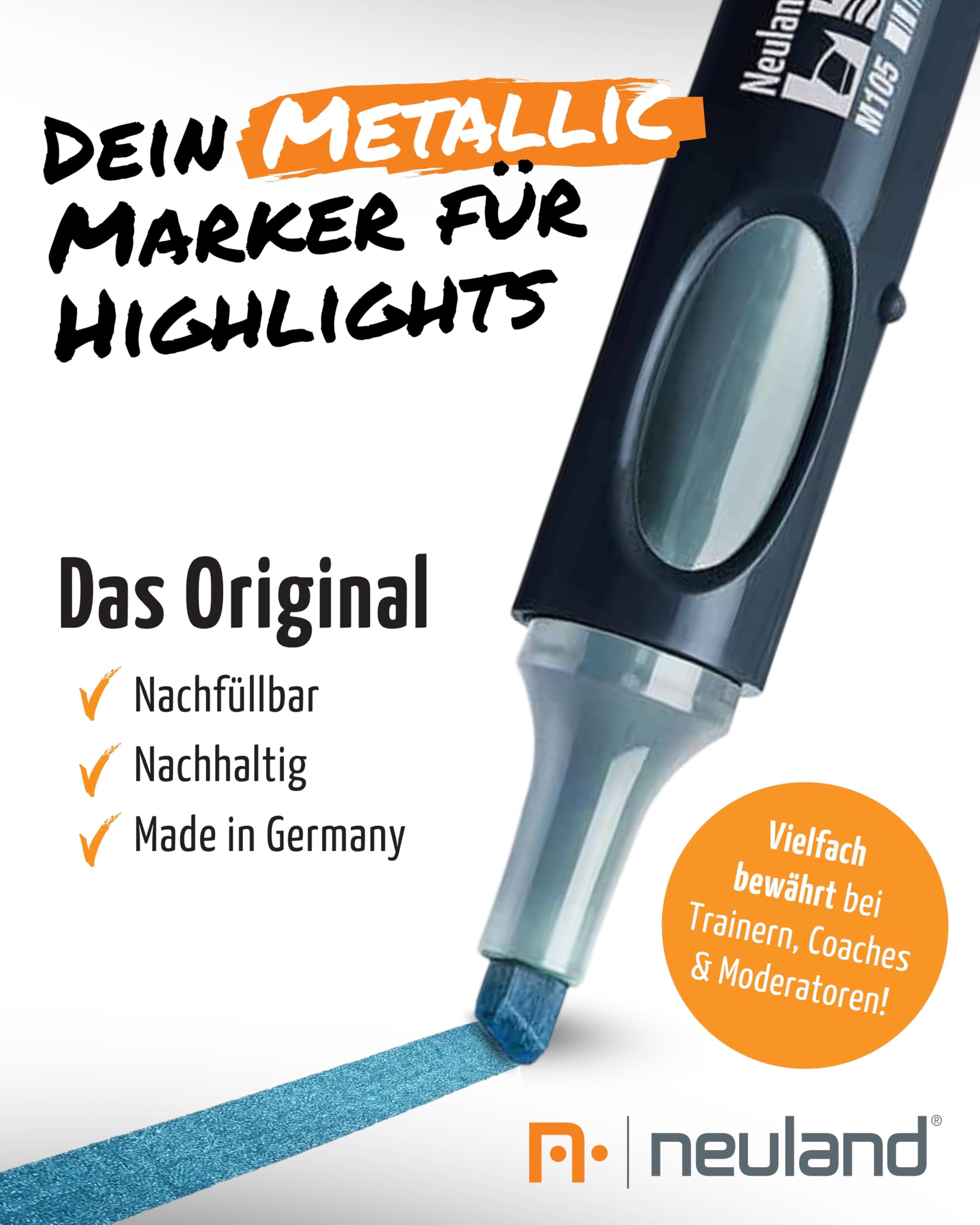 Neuland Metallic Moments Set I 5 Metallic-Marker mit Keilspitze 2-6 mm inkl. Skizzenbuch & Stiftemäppchen I Nachfüllbare, ergonomische Marker & Zubehör I Ideal für kreative Visualisierungen