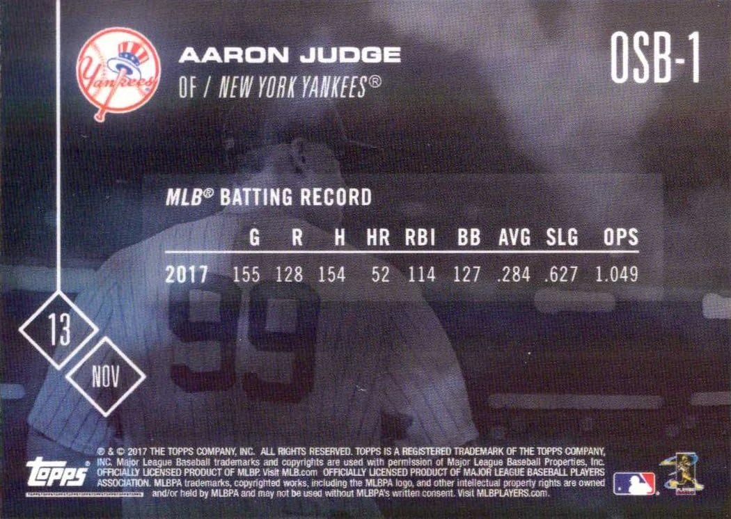 2017 Topps Now Bonus #OSB-1 Aaron Judge Baseball Rookie Card - Wins 2017 AL Rookie of the Year Award - Only 3,771 made!