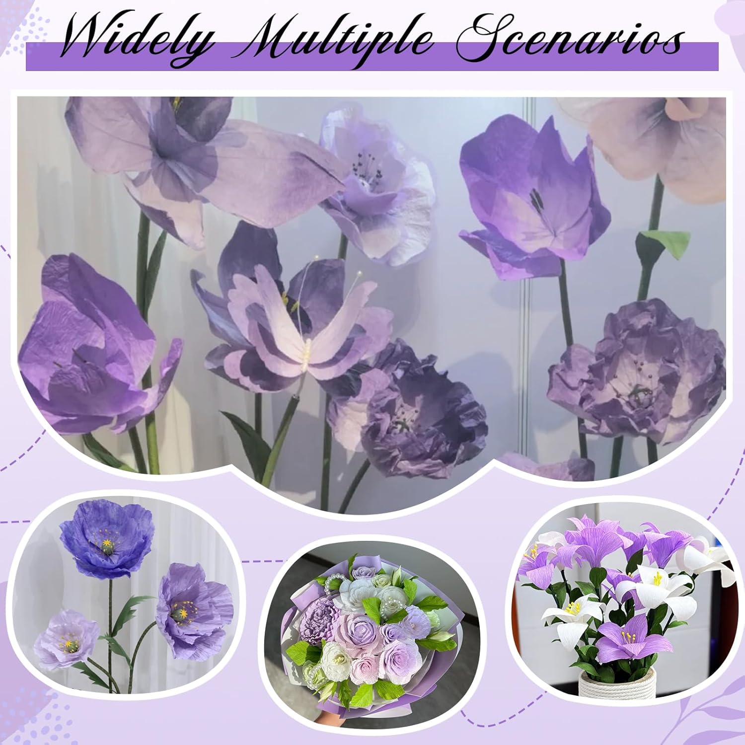 AmazingSpark 6 Colors Crepe Paper Rolls 17 x 98 Inch Wide Crepe Paper Sheets with 1 Set of Petal templates, 2 roll of Green Floral Tape, Iron Wire and Hot melt Glue Stick (Purple and Green Series)