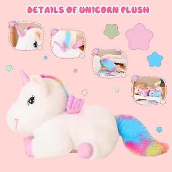 SQEQE Niedliche Einhorn Stofftiere mit 4 Baby Einhorn Plüschtiere in ihrem Bauch Regenbogen Fliegendes Plüschkissen Spielzeug mit Flügeln Valentinstag Geburtstagsgeschenke für Jungen Mädchen