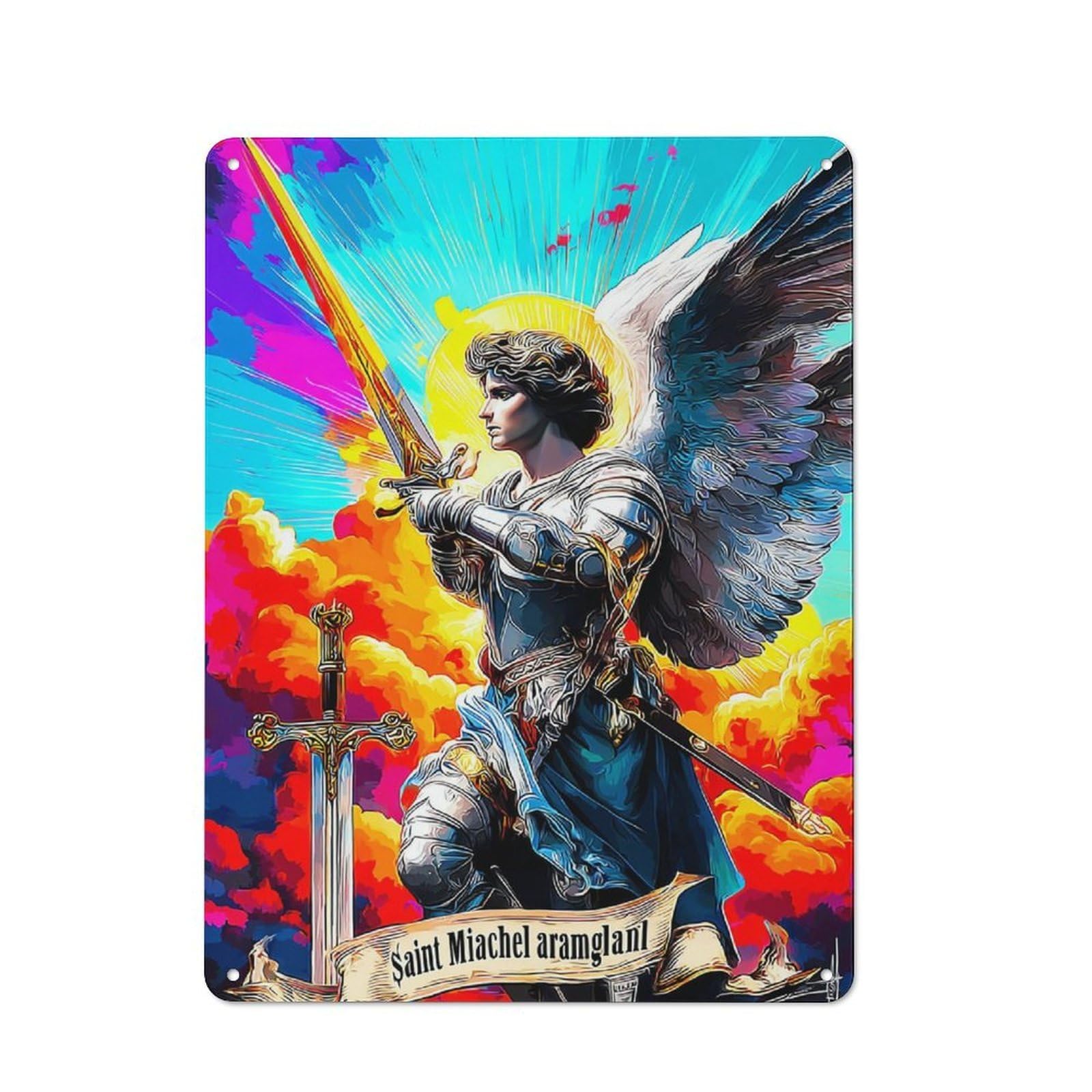 Junmoney Saint Michael Archangel Of Protection -1 Retro Metal Plaque 40X30cm Featuring Bistro Wall Plaque For Bakery, Diner, Cafe Or Family Room