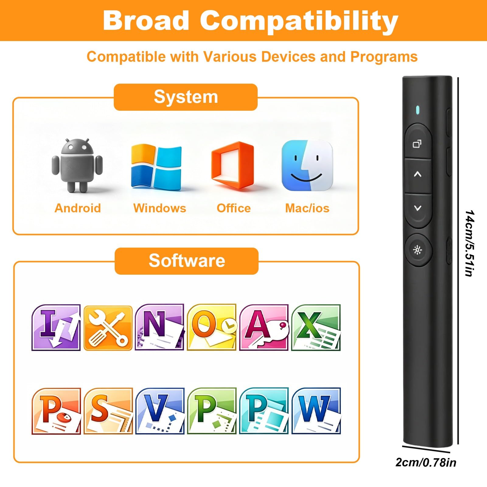 Télécommande Présentateur 2.4GHz USB sans Fil Rechargeable avec Hyperlien Contrôle du Volume pour Powerpoint Enseignement Bureau Mac PC Noir