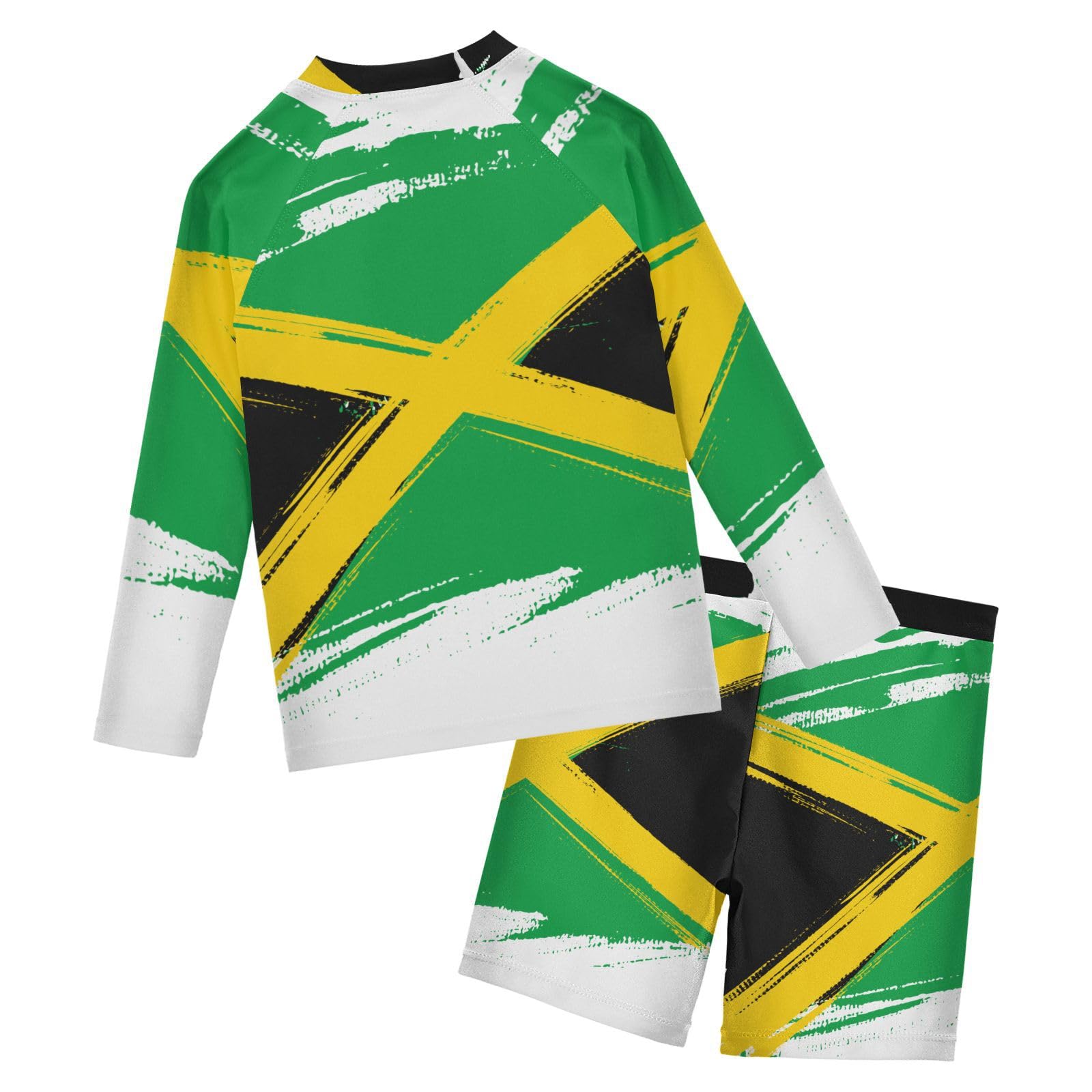 Aflyko Patriot Boys' Rash Guard Set Jamaica Flag Doodle Green Yellow Black Crewneck Swim Shirt with Jammer Stretchy Beach Shorts Comfortable Fit Summer Daily Wear, 7-8T