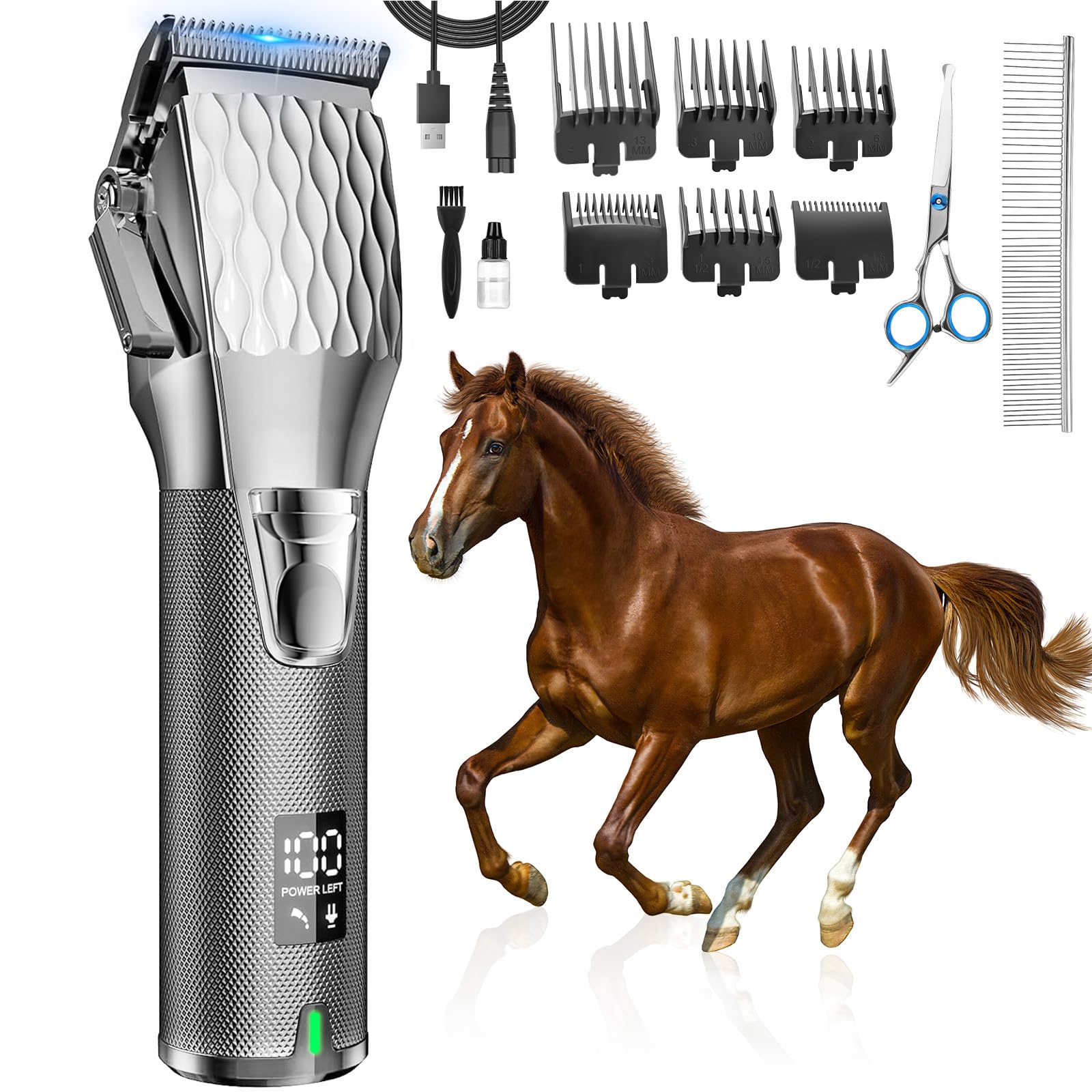 Tosatrice per cavalli, senza fili, ricaricabile, per capelli spessi e infeltriti, professionale, con motore potente da 6200 giri/min, peso leggero da 400 g, argento