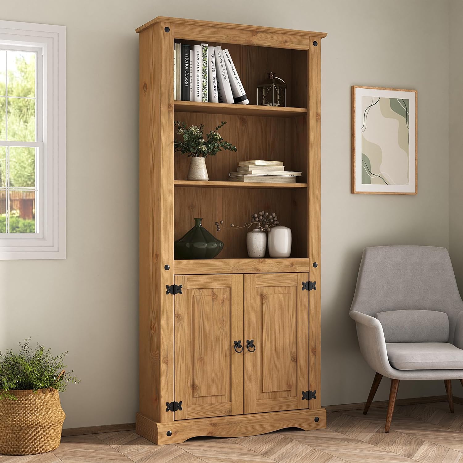 Corona Display Cabinet 2 Door Bookcase 3 Tier Solid Mexican Pine