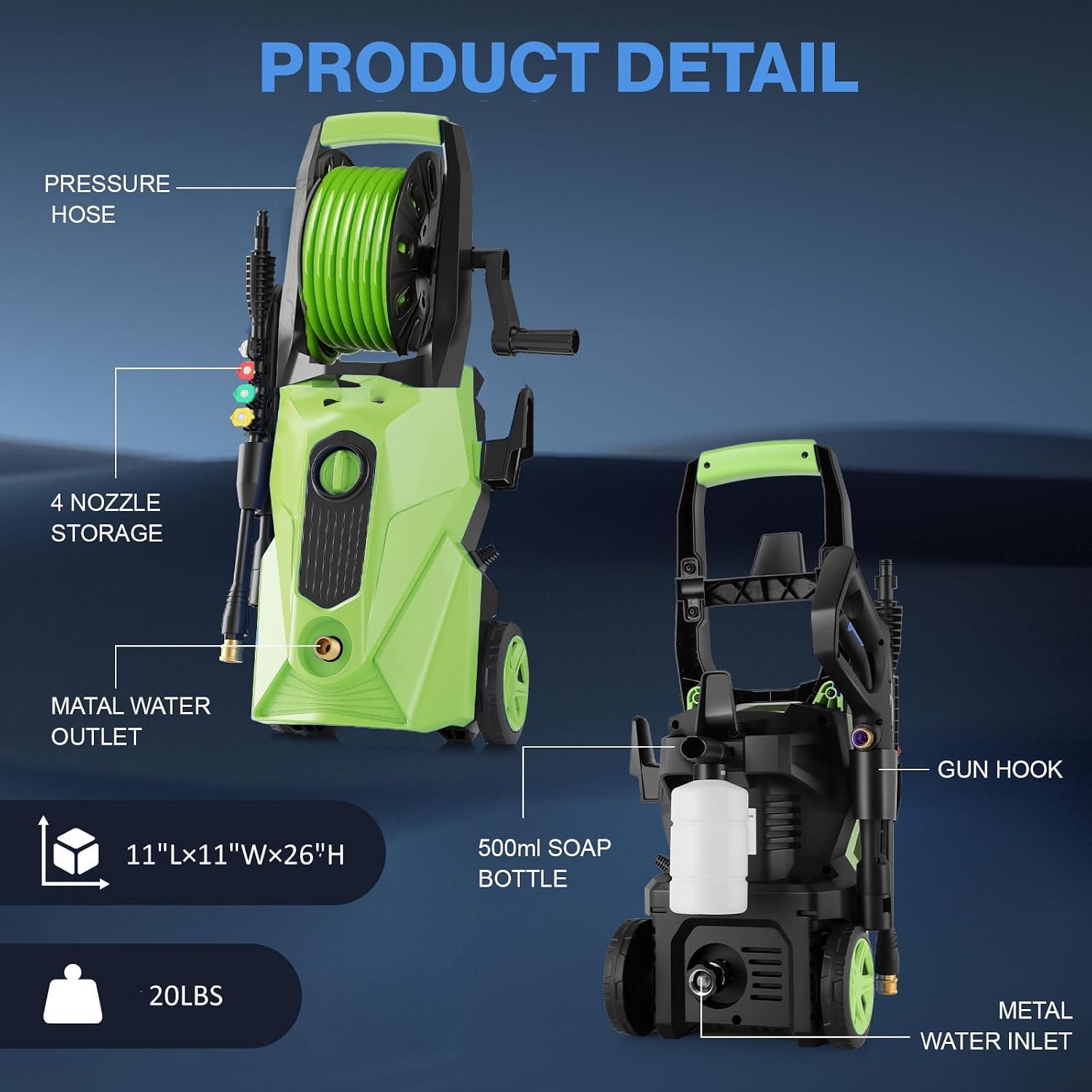 Limpiador a presión de 5000 PSI, limpiadores de alta potencia con manguera de presión de 33 pies, 4 boquillas y cañón de espuma, para el hogar, coches, vallas, patio (verde claro)