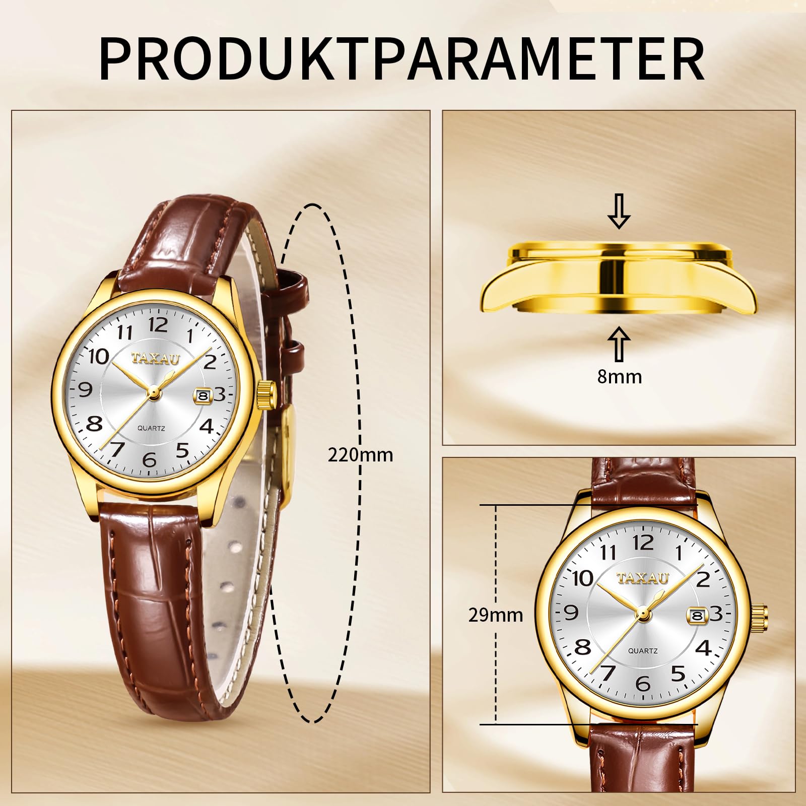 Taxau Damenuhr Quarz Lederarmband, wasserdichte Armbanduhr mit Datum