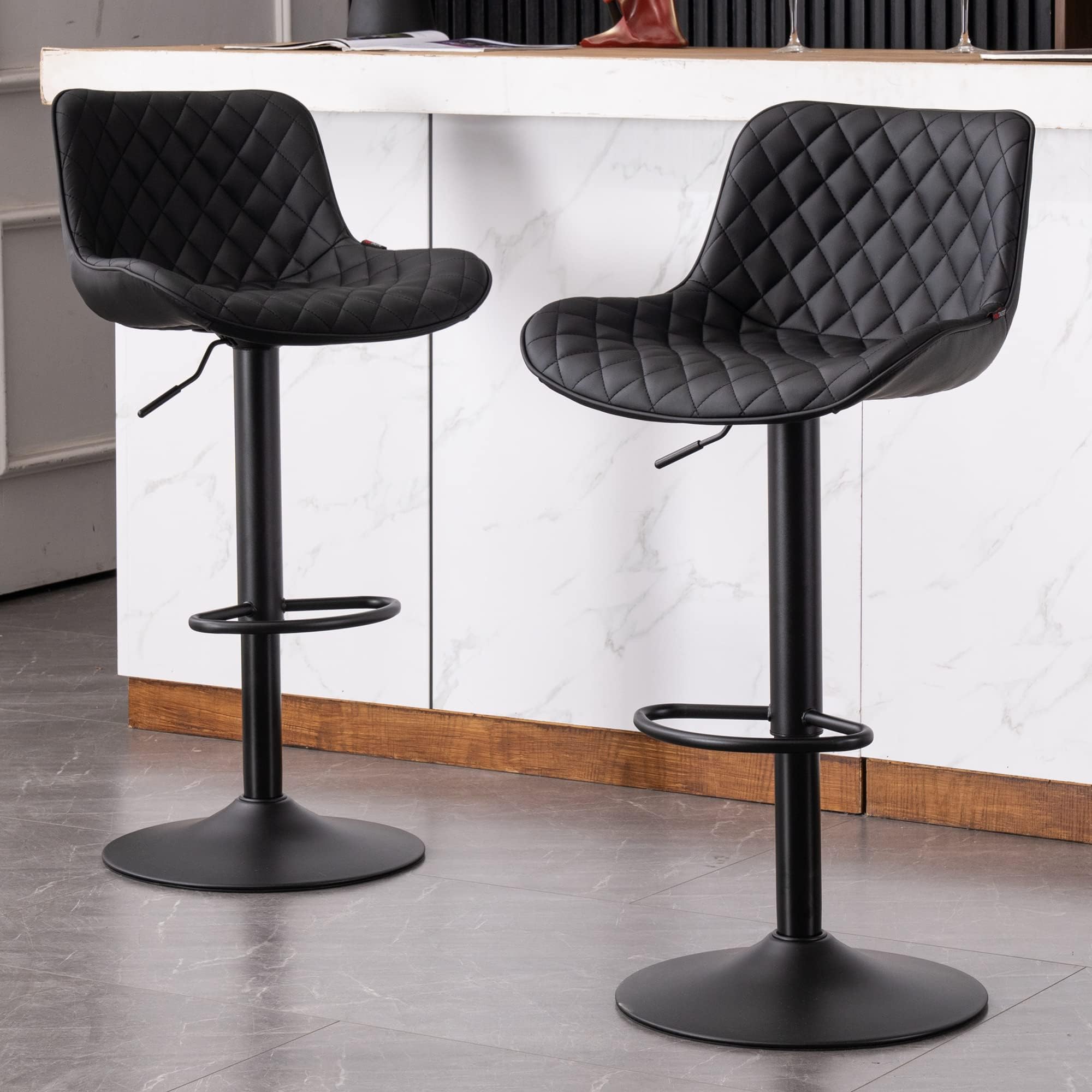 YOUTASTE Bar Stools Set of 2 Adjustable High Breakfast Barstools with Back Modern PU Leather Padded Bar Stool Swivel Metal Gas Lift Bar Chairs for Kitchen Counter Island Black
