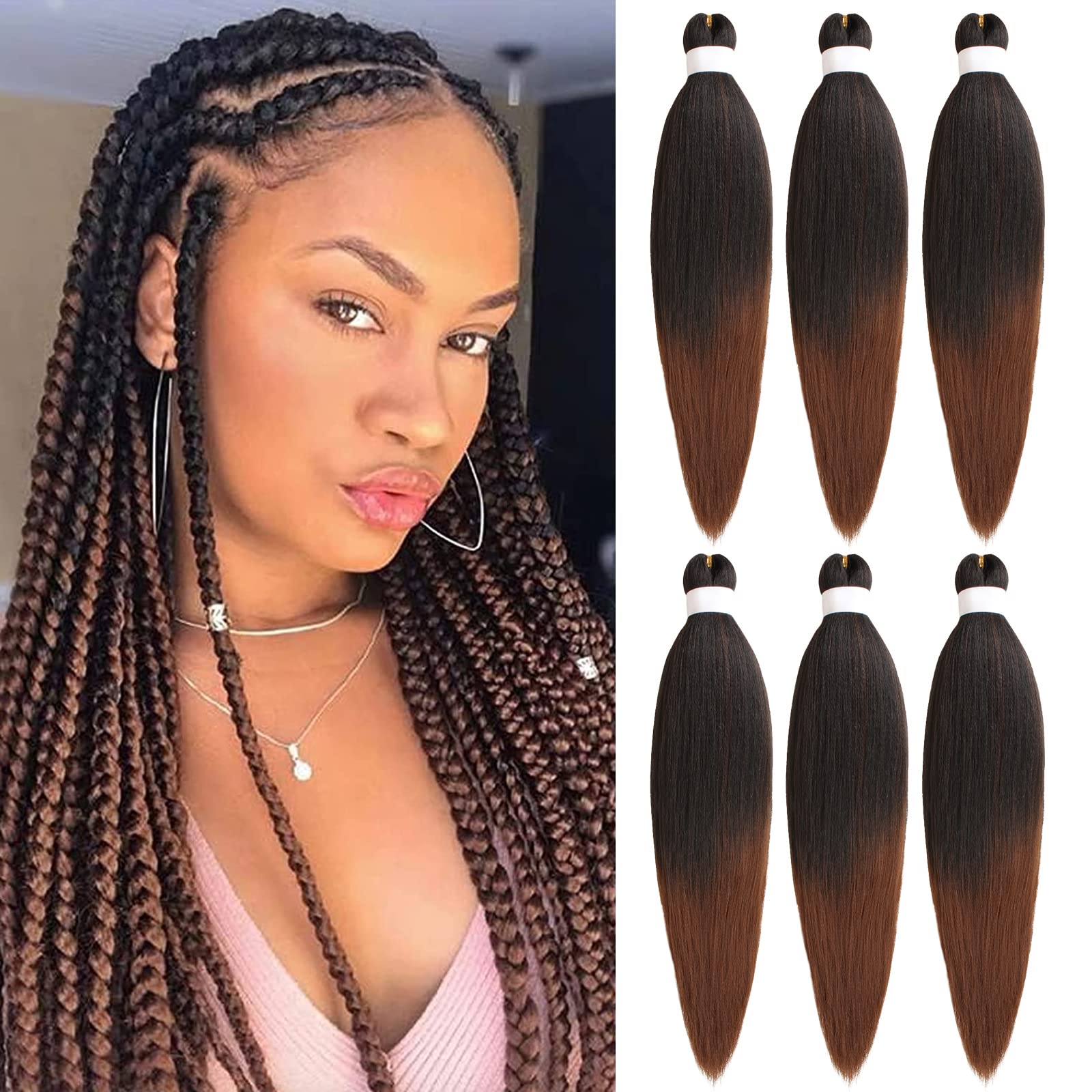 Samtress Braiding Hair 16 Inch 6 Packs Ombre Brown Pre Stretched Easy Braid Soft Yaki Texture Kanekalon Synthetic Fiber Hot Water Setting Crochet Braids Hair Extensions (#T30)