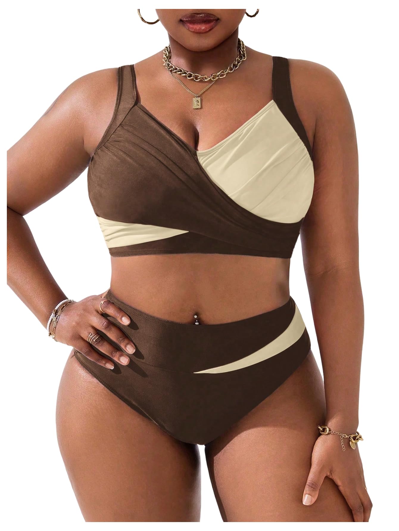 Bikini drapé grande taille maillot de bain taille haute effet ventre plat - 6