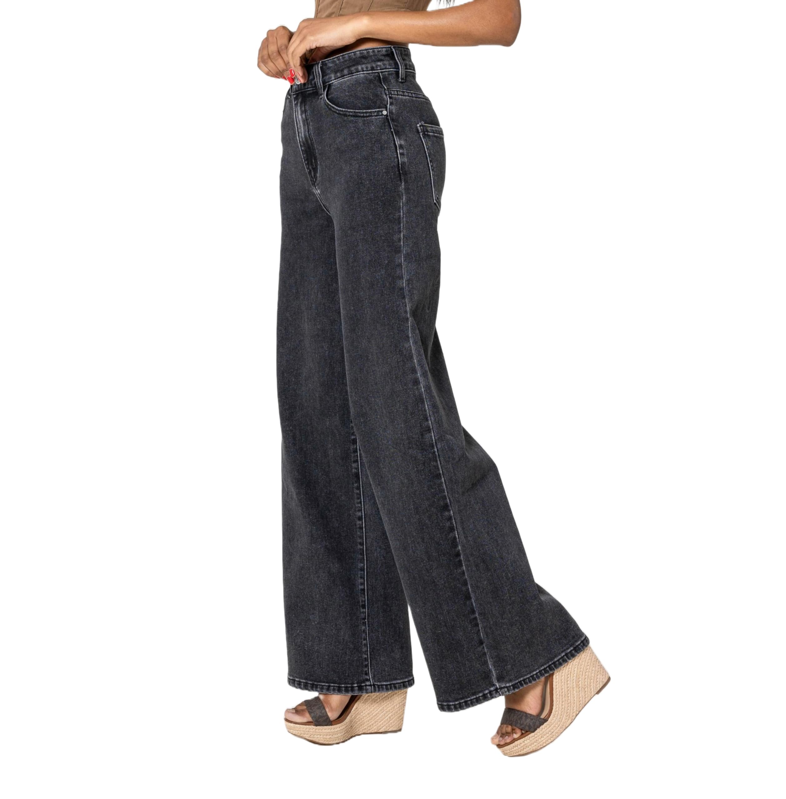 Nina Carter YY300 Pantalones vaqueros de cintura alta para mujer, pierna ancha, elásticos, aspecto desgastado