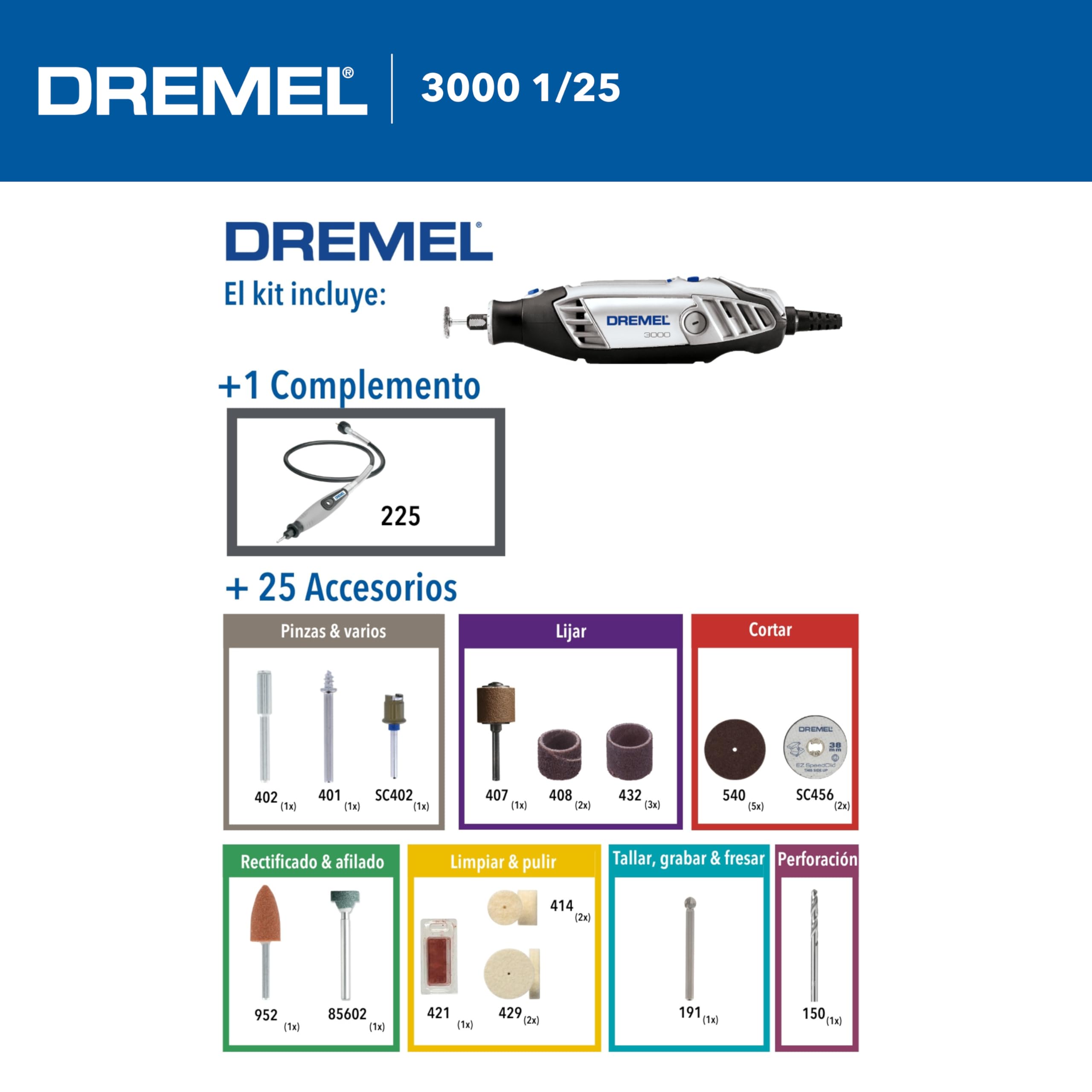 Dremel 3000 - Multiherramienta 130 W, kit con 1 complemento y 25 accesorios y estuche, velocidad variable 10.000-33.000 rpm para tallar, grabar, fresar, amolar, limpiar, pulir, cortar y lijar