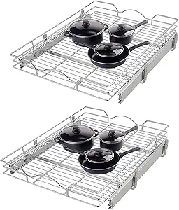 OCG Pull Out Cabinet Organizer 2 Pack (20" W x 21" D), Pull Out Shelves 1 Tier, Cabinet Slide Out Shelves for Base Cabinet Organization in Kitchen Bathroom Pantry, Bottom Mount, Chrome Finish