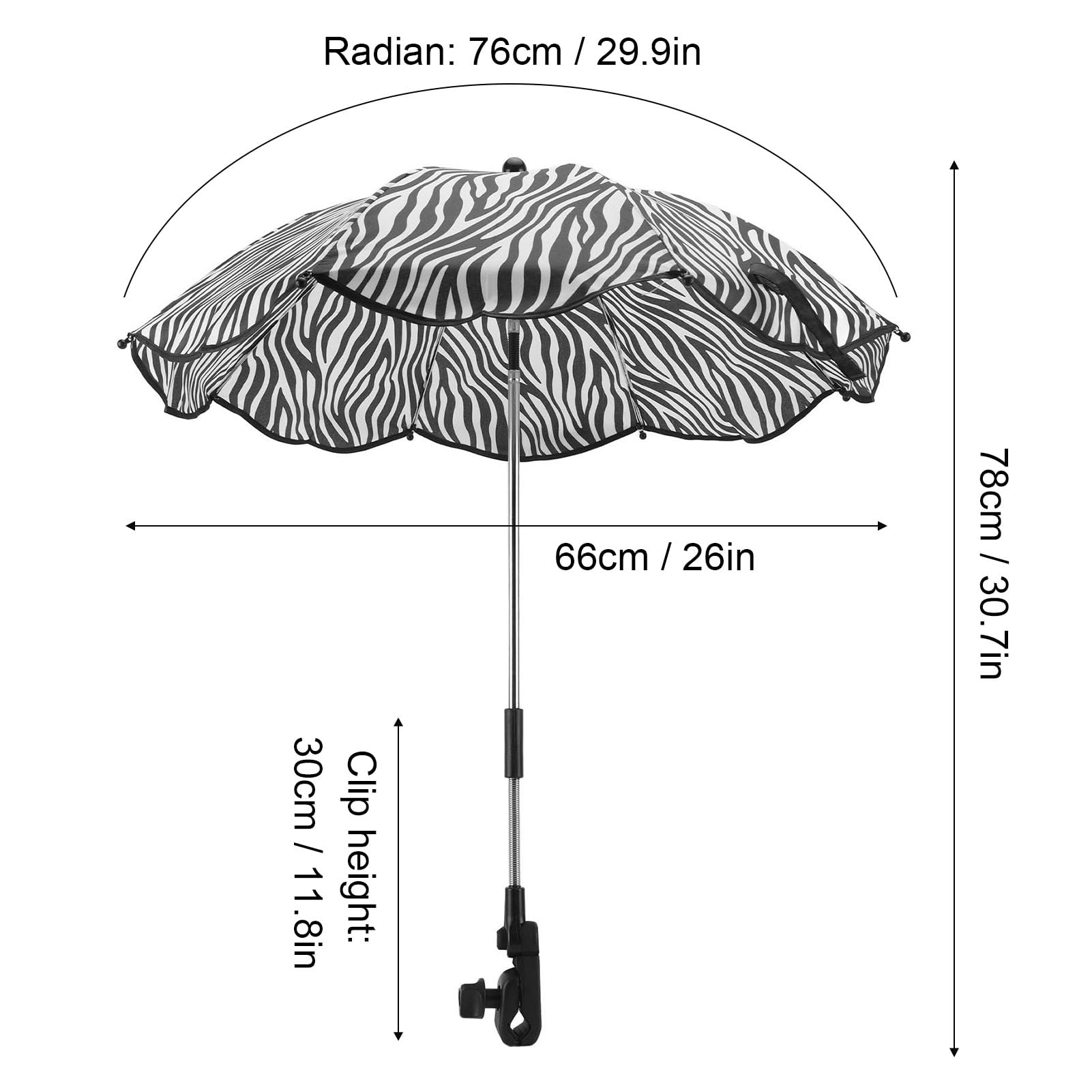 14-calowy Parasol do Wózka Dziecięcego, Uniwersalny Parasol do Wózka Dziecięcego z Zaciskiem, Regulowany w Zakresie 360 ​​stopni Parasol Ochronny do Wózka Dziecięcego, Składany (Pasek zebry)