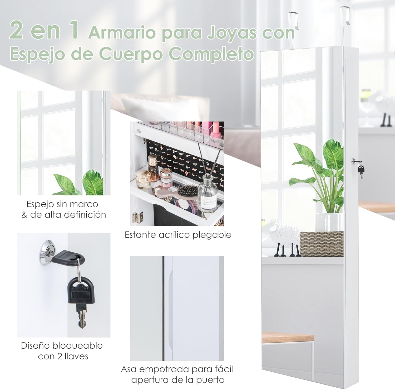 GOPLUS Armario para joyas con espejo, armario con espejo con luz LED de 3 colores, almacenamiento de joyas con cerradura, 37 cm x 10 cm x 135 cm (blanco)