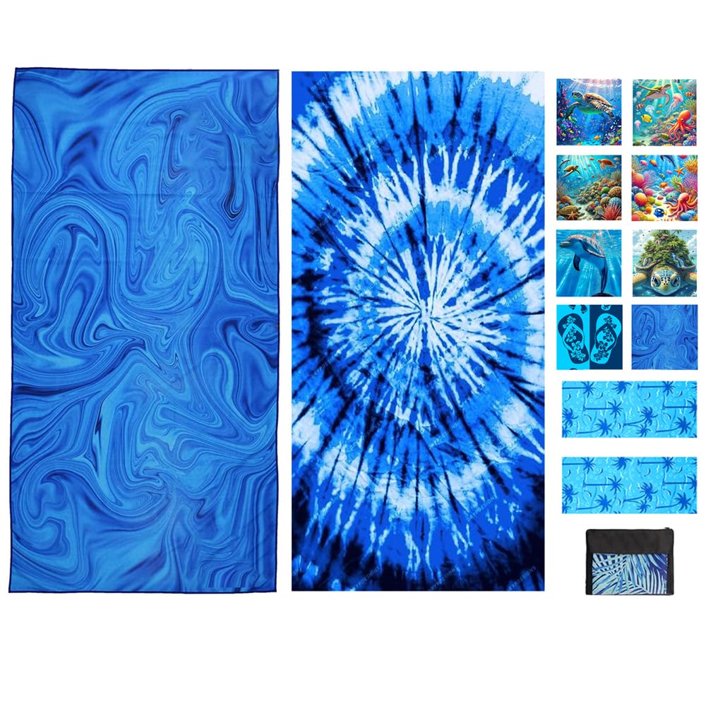 JAODFK 2 Pcs Microfibre Beach Towel 71"X32" Quick Dry Lightweight Sand Free Extra Large Thin Blue Towels Travel Essentials For Adults Womens Swim Bath Accessories Mats Holiday Must Haves