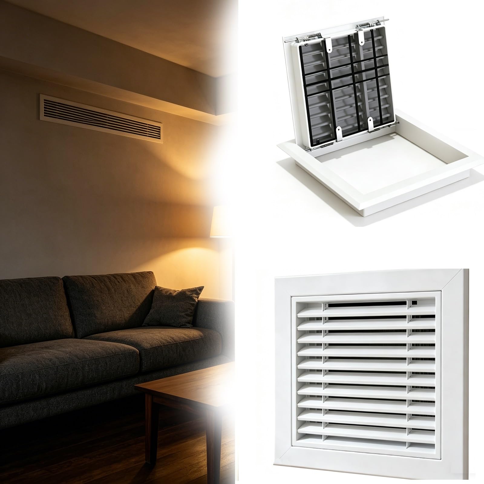 Grille d'aération en aluminium épais robuste, grille d'aération linéaire moderne, montage intégré, registre CVC pour bureau, hôtel, bâtiment commercial (blanc, ouverture de conduit 50,8 x 50,8 cm)
