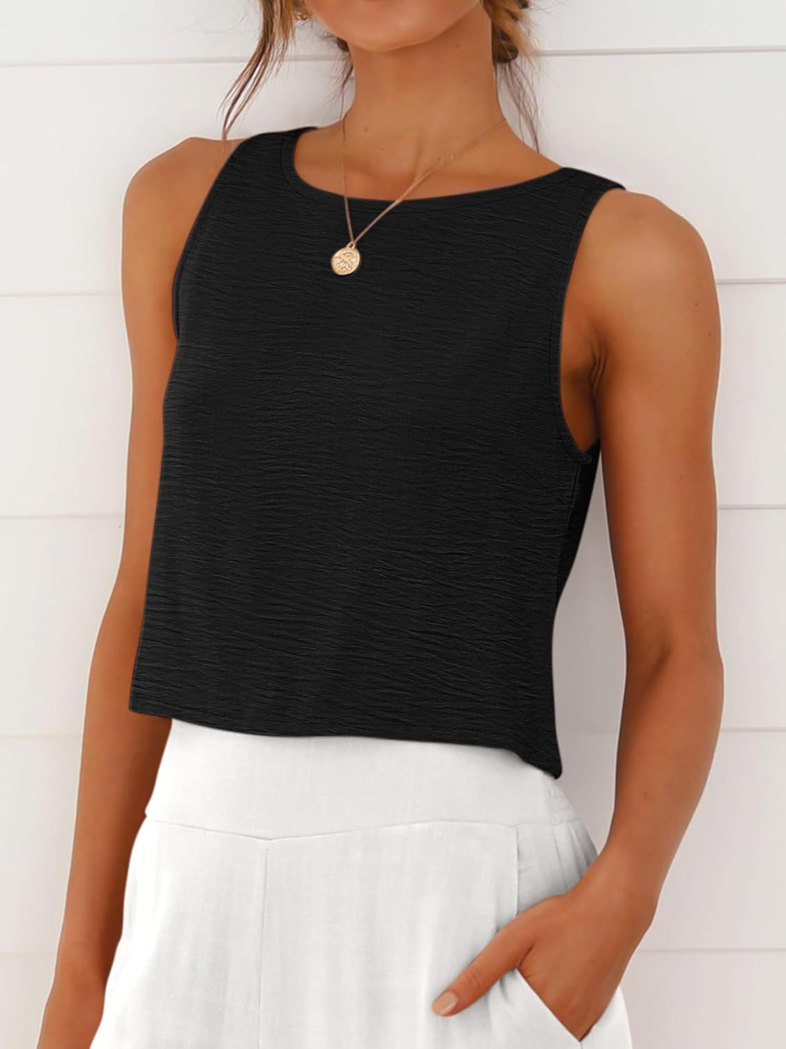 ANRABESS Women Crop Tank Tops High Neck Sleeveless Linen Shirts 2026 Summer Outfits Casual Blouse Beach Vacation Clothes - Image 3