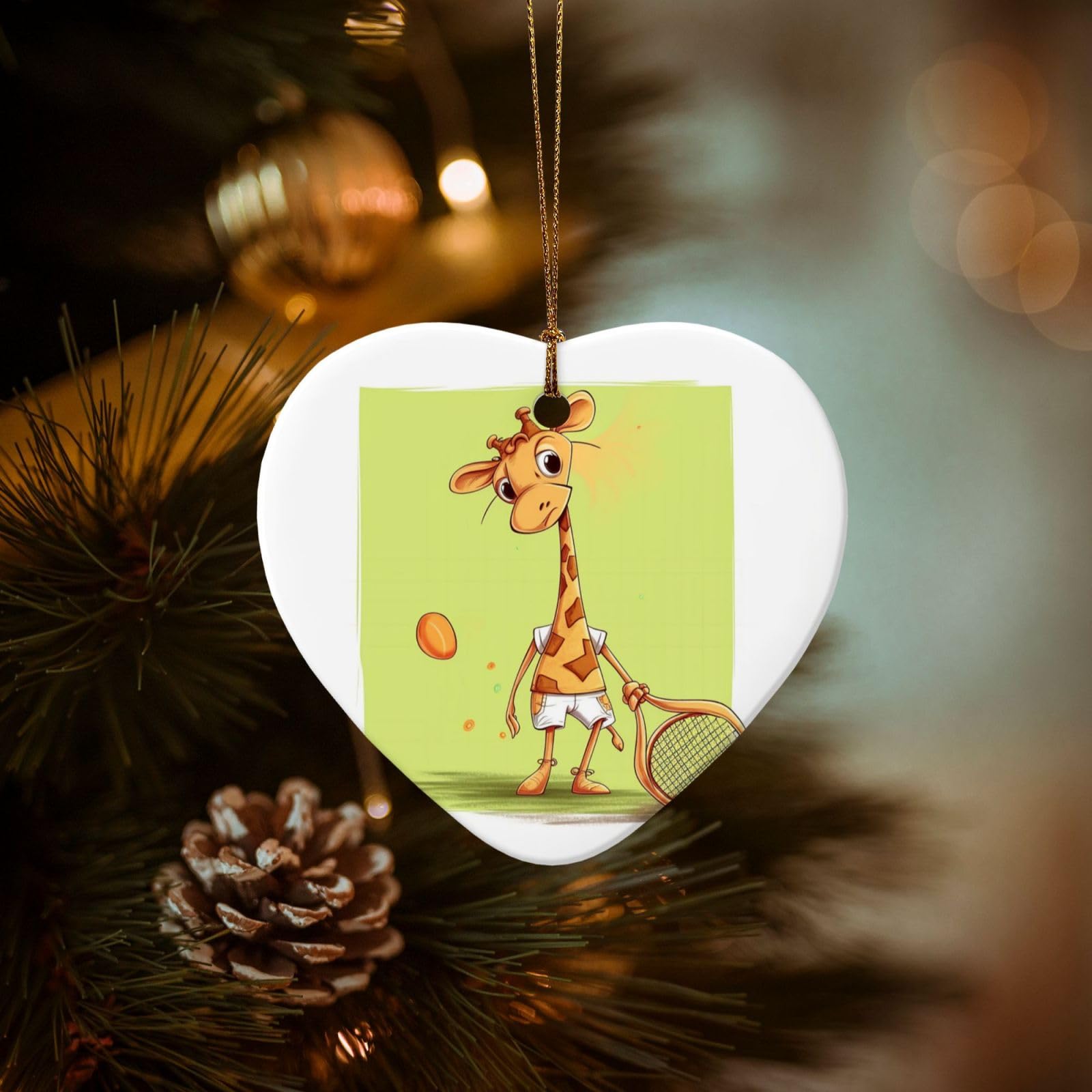 Christmas Tree Ornaments Ceramics Christmas Decorations Giraffe Playing Tennis Ornaments with Gold Ribbon Porcelain Xmas Tree Crafts Heart Shape Hanging Pendant for Christmas Tree Party Decor