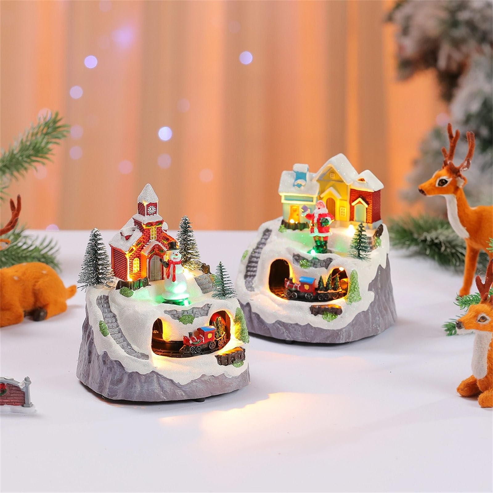 PANGBOER Scena Musicale Animata delle Case del Villaggio Natale con Figurine da Collezione Babbo Natale/Albero Rotante Decorazione Natalizia Decorazioni per la casa Statuetta delle Case del Villaggio