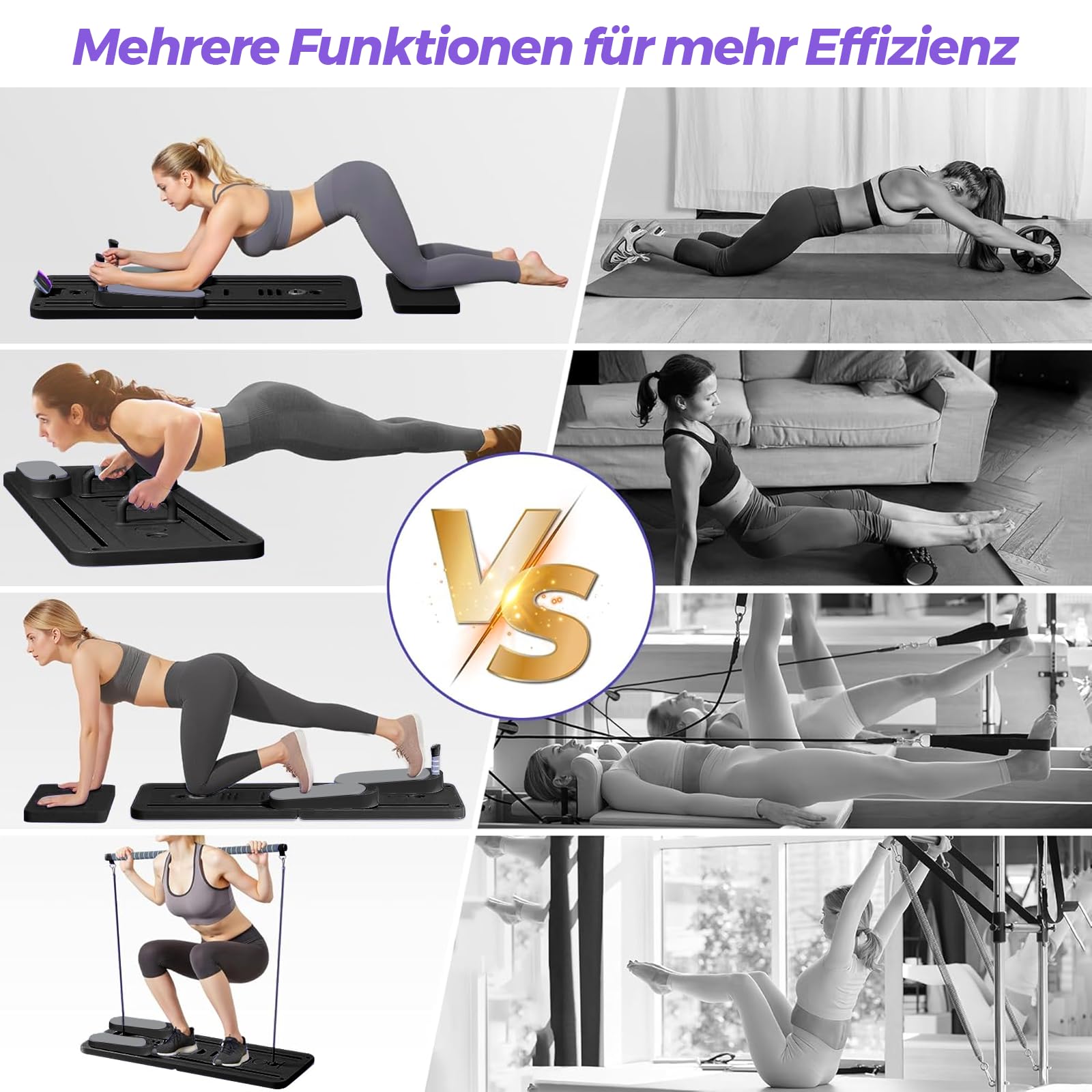 Pilates Board für Zuhause Upgraded, Faltbares Multifunktionales Pilates Reformer, 8-in-1 Pilates Set mit 5er-Set Widerstandsbänder, Automatischem Rückprall & Bauchtrainer, Ganzkörpertraining