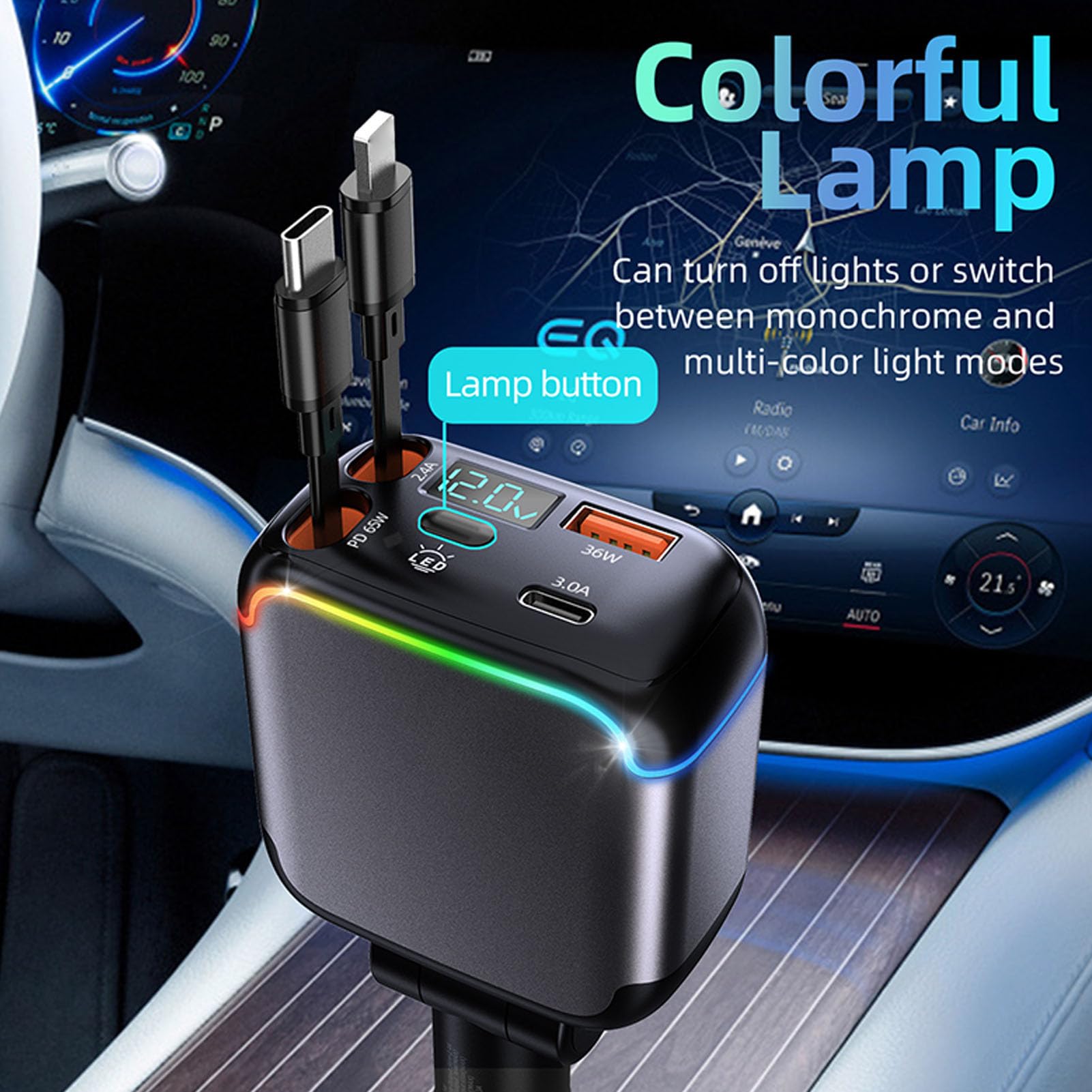 Einziehbares Autoladegerät 137 W, 4 in 1 Schnellladegerät mit Doppelkabel LED Anzeige, 12 V 24 V Kompatibel für Laptop, Telefon, Tablet, Autozubehör für Männer und Frauen