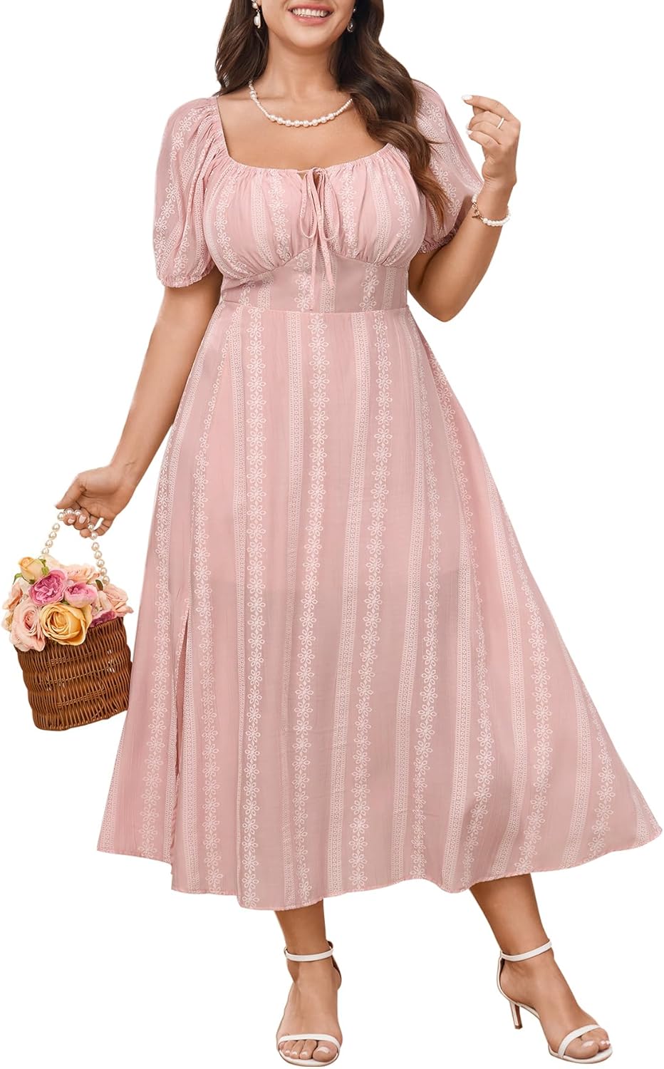 SCOMCHIC Womens Plus Size Summer Dresses Short Sleeve Square Neck Milkmaid Dress Tie Front Split A-Line Maxi Dress