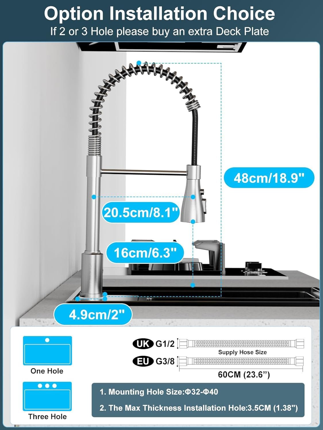 Mitigeur Cuisine avec Douchette Extractible, Robinet Évier Cuisine en Acier Inoxydable, Bec Pivotant 360°, 4 Modes de Jet, Arc Haut pour Évier de Cuisine 1 Trou