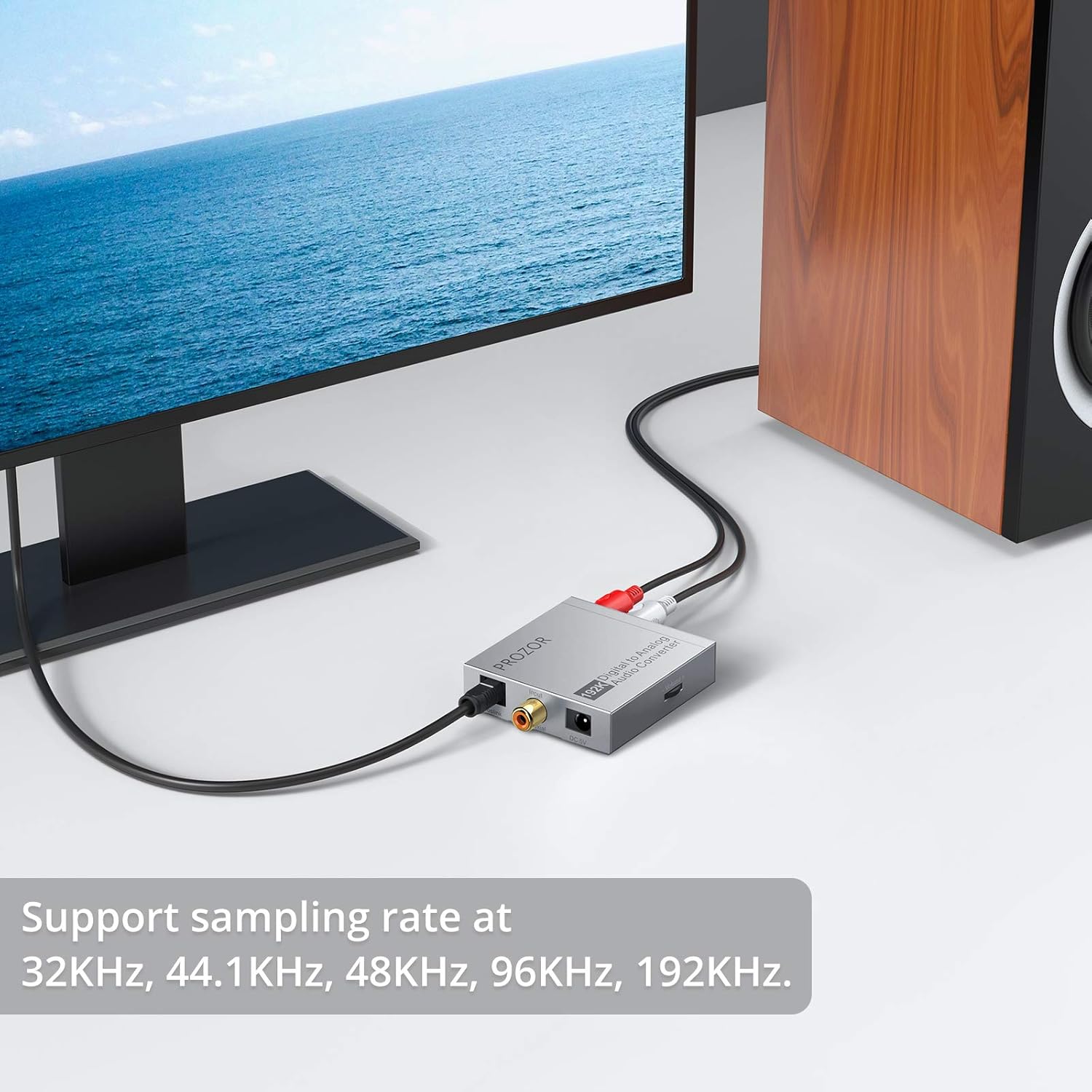 Diagram showing the volume knob on the side of the PROZOR 192kHz DAC Converter with 'Vol-' and 'Vol+' indicators.