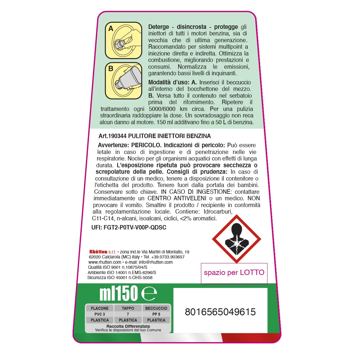 Rhutten, Pulitore Iniettori Benzina, Monodose Superconcentrata, Migliora le Prestazioni, Riduce Consumi, 150ml