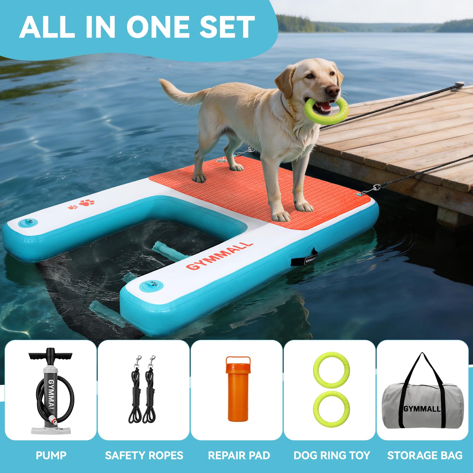Piattaforma Gonfiabile per Cani 150x100cm, Rampa per Acqua per Barche, Piscine, Laghi e Mare, Piattaforma Galleggiante Antiscivolo per Cani fino a 90kg, Rampa in EVA con Scala per Cani