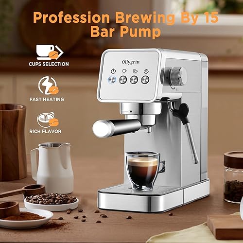 Miniatura 6 de Máquina de café expreso, 15 bar semiautomática con espumador de leche, cafetera compacta de acero inoxidable con tanque de agua extraíble de 40