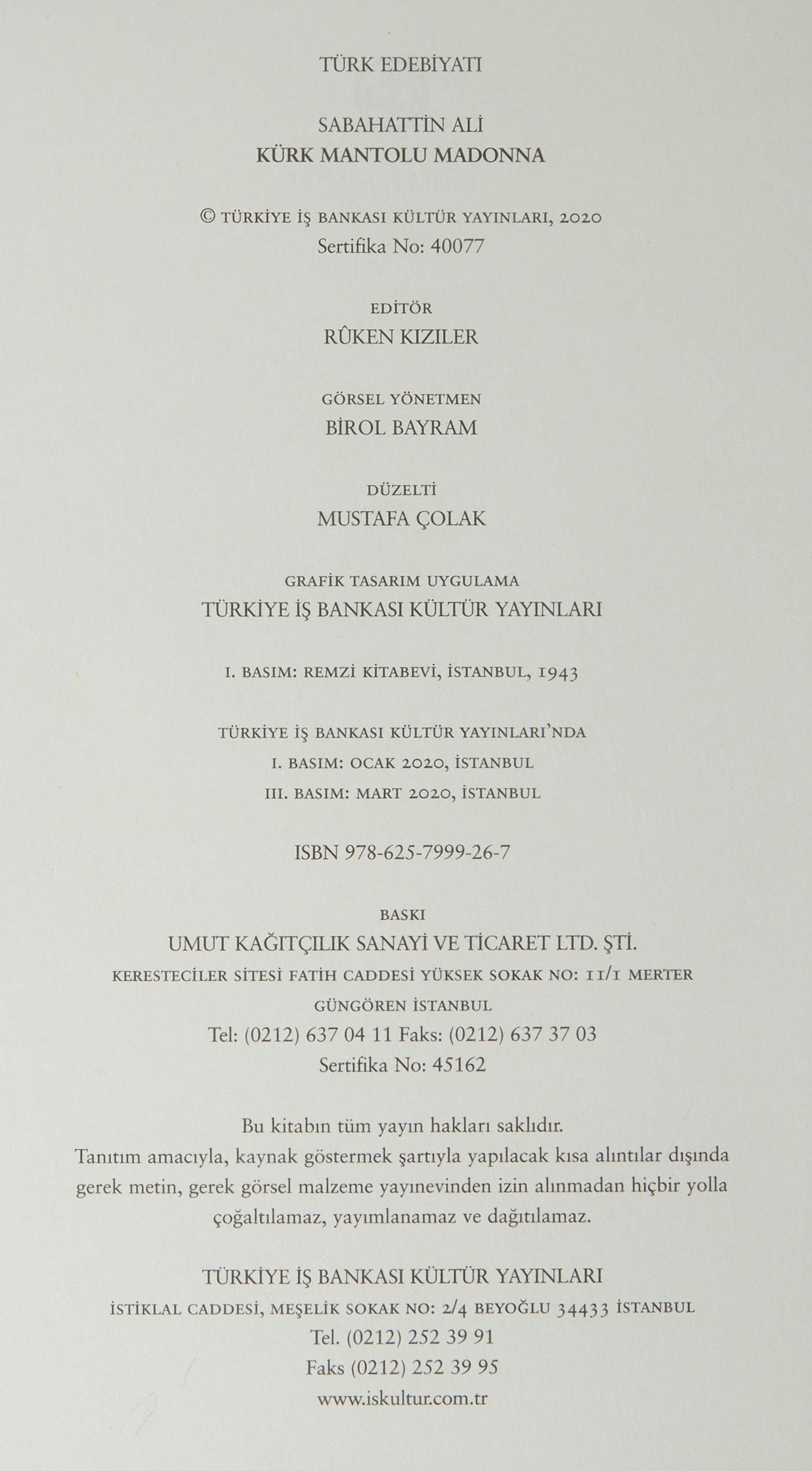 K�rk Mantolu Madonna [Paperback] Sabahattin Ali - PT02