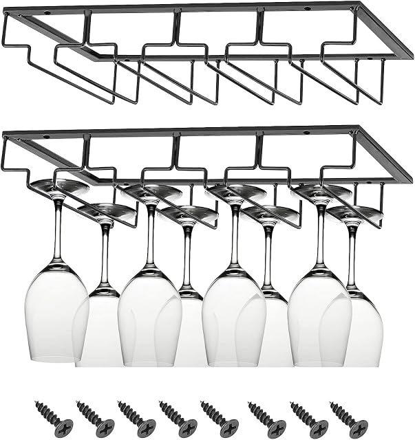 AHUNTTER 2PCS Wine Glasses Holder Under Cabinet 4 Rows Stemware Racks Metal Black Hanging Wine Glass Storage Hanger Wine Champagne Goblets Holder for Kitchen Home Bar Accessories Pub - 40 x 22.5CM
