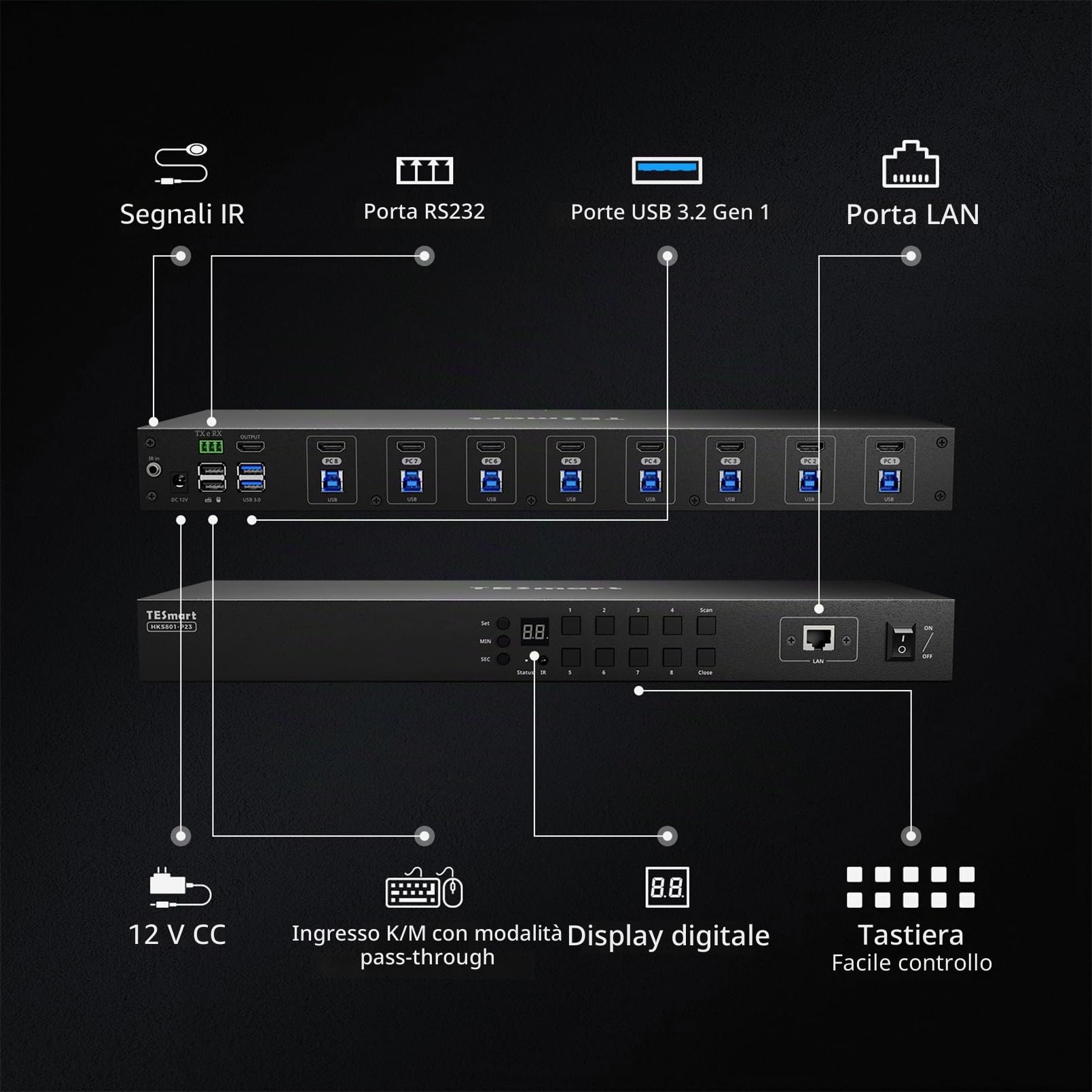 TESmart 4K@60Hz HDMI KVM Switch 8 Porte, HDMI 2.0 e USB 3.0, Switch KVM per 8 PC e 1 Monitor, EDID, Hotkey, Modalità Auto-Scan e Auto-Detect, LAN/RS232, Telecomando IR, Include 8 Cavi KVM PC