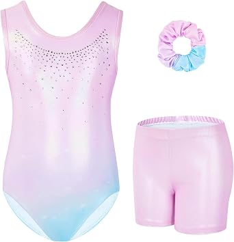 Gogokids Girls Sleeveless Sparkly Gymnastics Leotard Set with Shorts | Sparkly rhinestone gymnastics leotard, 3 Pcs set with shorts and scrunchie, for 3-12Y, ballet leotards, dance, tumbling
