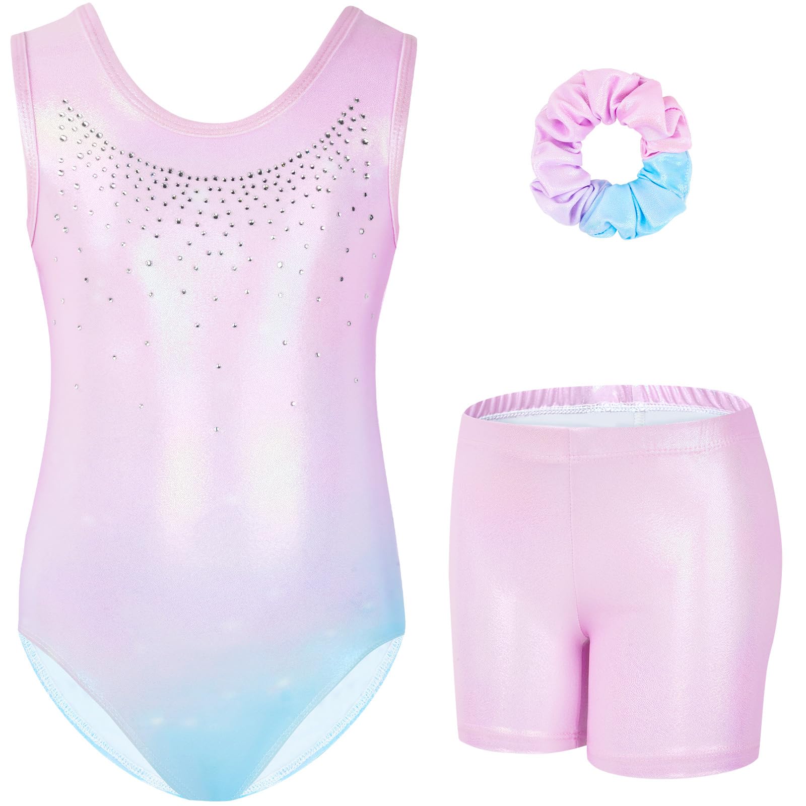 Gogokids Conjunto de gimnasia de tres piezas para niña, cuello en Y, sin mangas, con pantalones cortos y diadema, traje de gimnasia con diseño de bloques de color azul y morado, 3-12 años — view 33