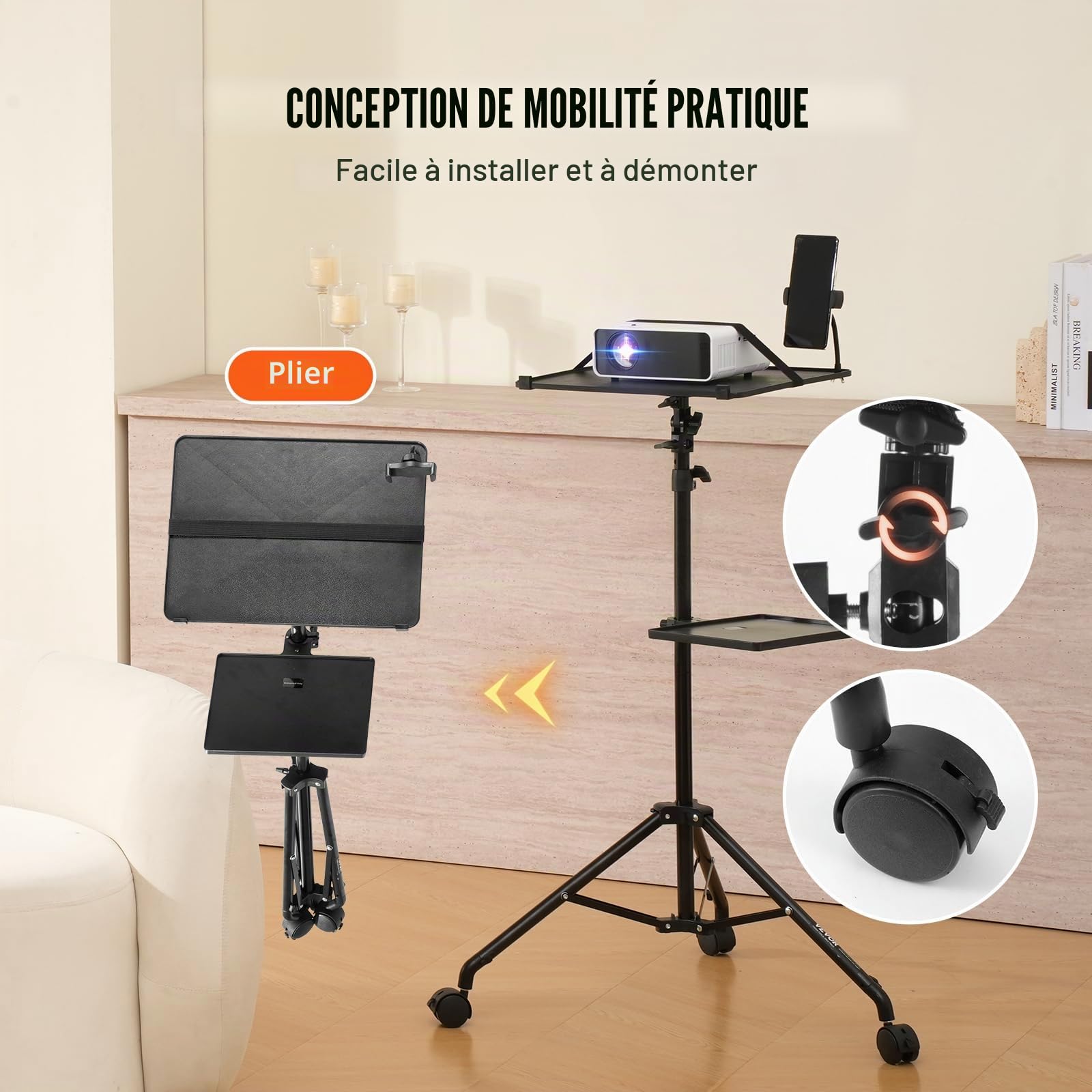 VEVOR Support de Projecteur avec Roues, Trépied pour Vidéoprojecteur Hauteur Réglable 79,5-171 cm, Stand de Vidéoprojecteur Ordinateur Portable, 2 Plateaux, Support de Téléphone, Maison Bureau Studio